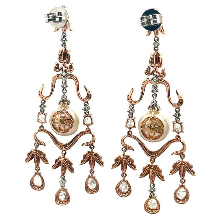 Chandelier Slice Diamond Earrings with South Sea Pearls 15mm 3.97ct 18krose gold In New Condition In New York, NY