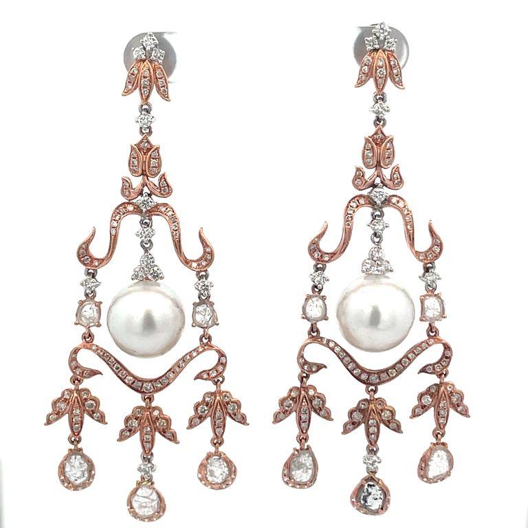 Chandelier Slice Diamond Earrings with South Sea Pearls 15mm 3.97ct 18krose gold 1