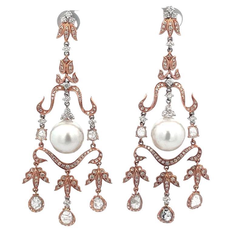 Chandelier Slice Diamond Earrings with South Sea Pearls 15mm 3.97ct 18krose gold
