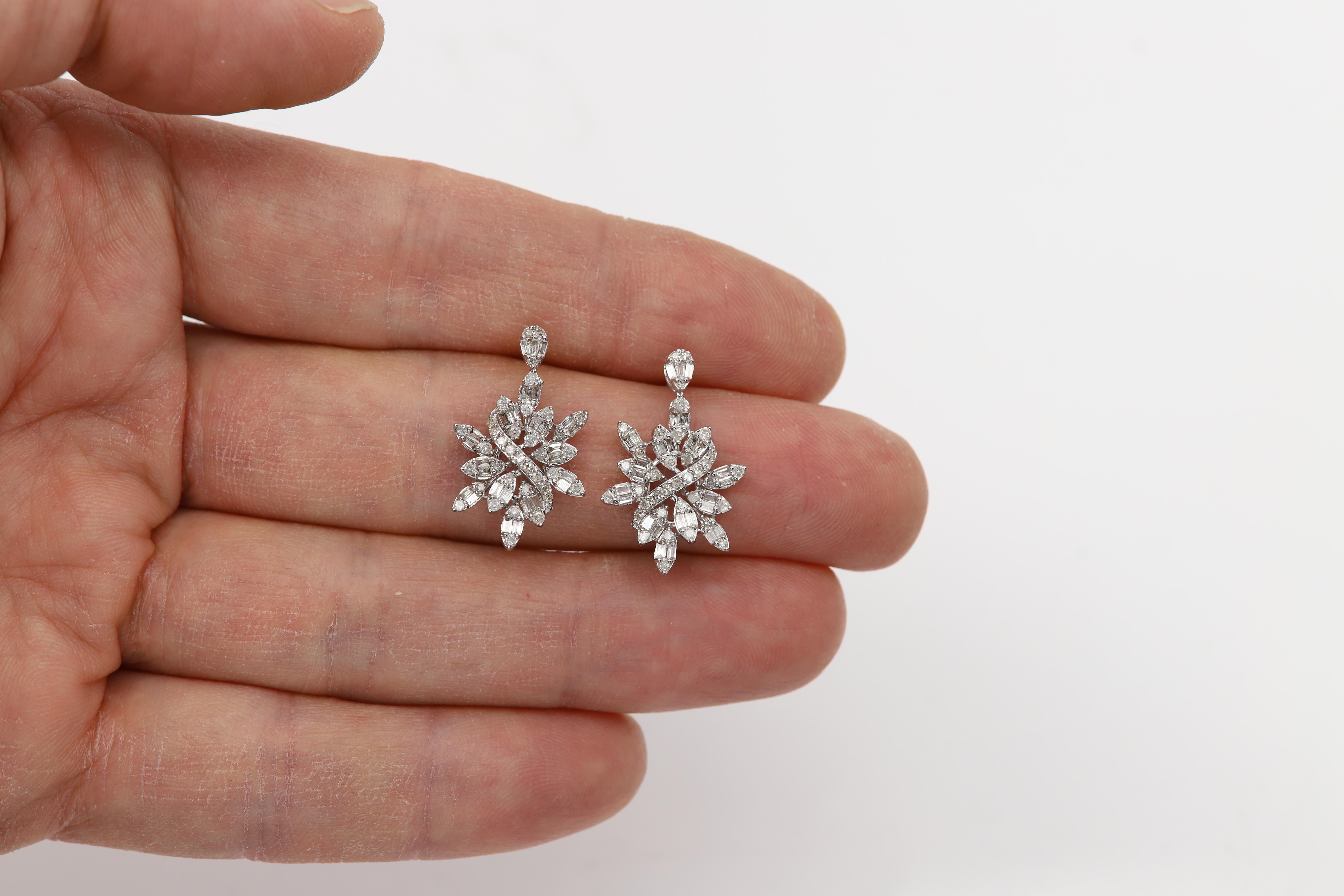Round Cut Chandelier Snowflake Diamond Earrings Dangle Diamonds 14 karat White Gold