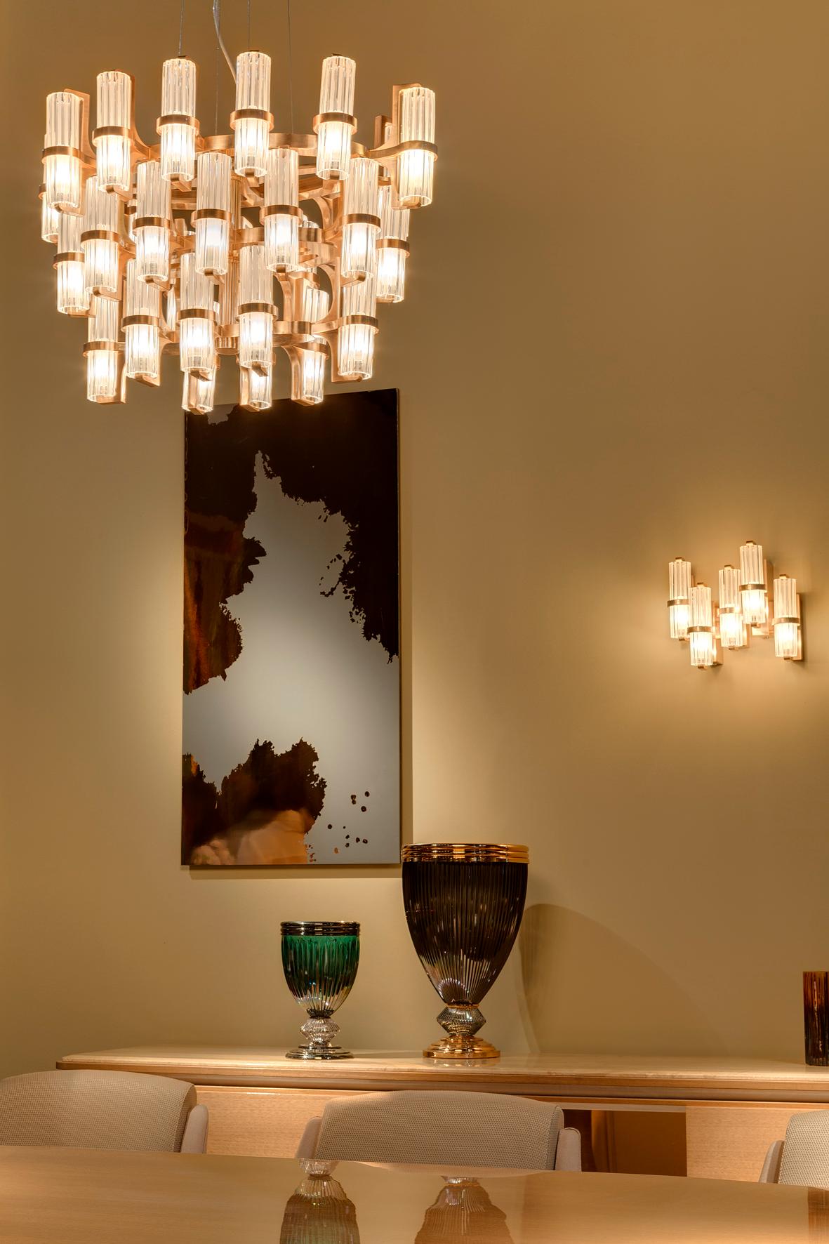 Soave modern rose gold chandelier, crystal lampshades In New Condition For Sale In Prato, IT