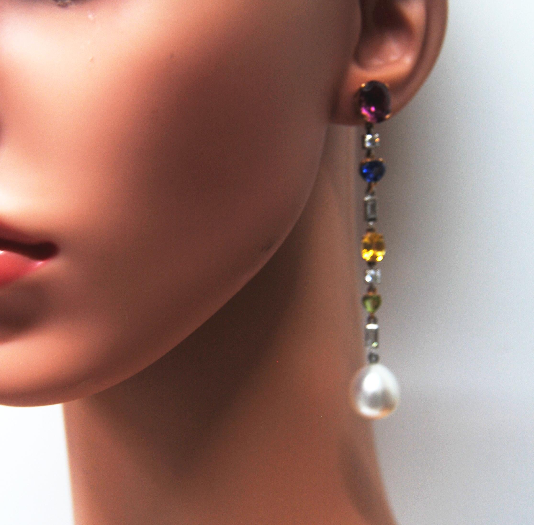 Contemporary Chandelier Souths Sea Pearl Earrings in 18kt Gold Diamonds and Precious Gems For Sale