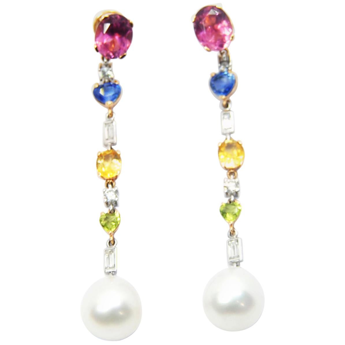 Chandelier Souths Sea Pearl Earrings in 18kt Gold Diamonds and Precious Gems