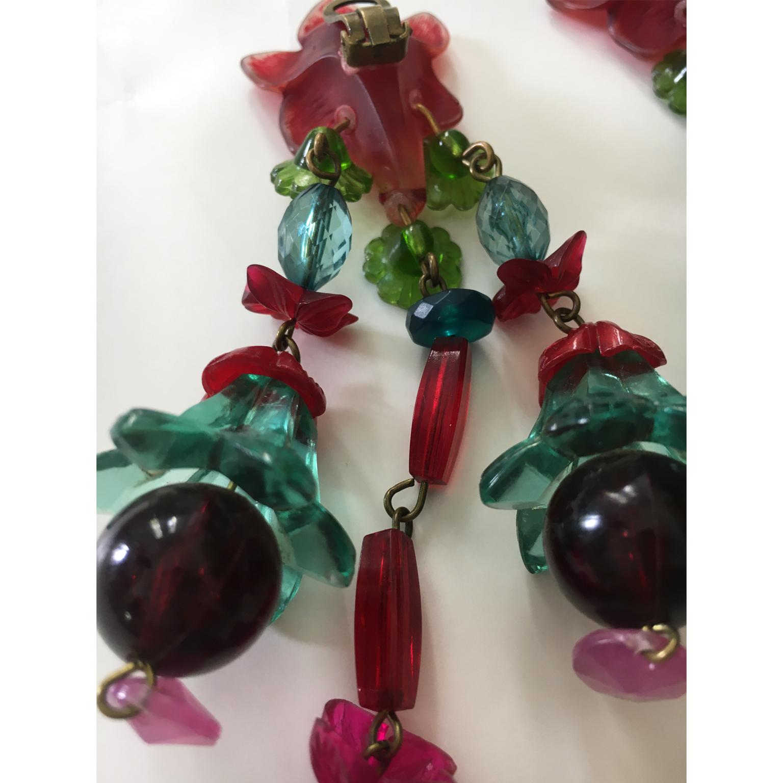 Chandelier Statement Clip Earrings Pink Red Green Flowers 70s For Sale 1