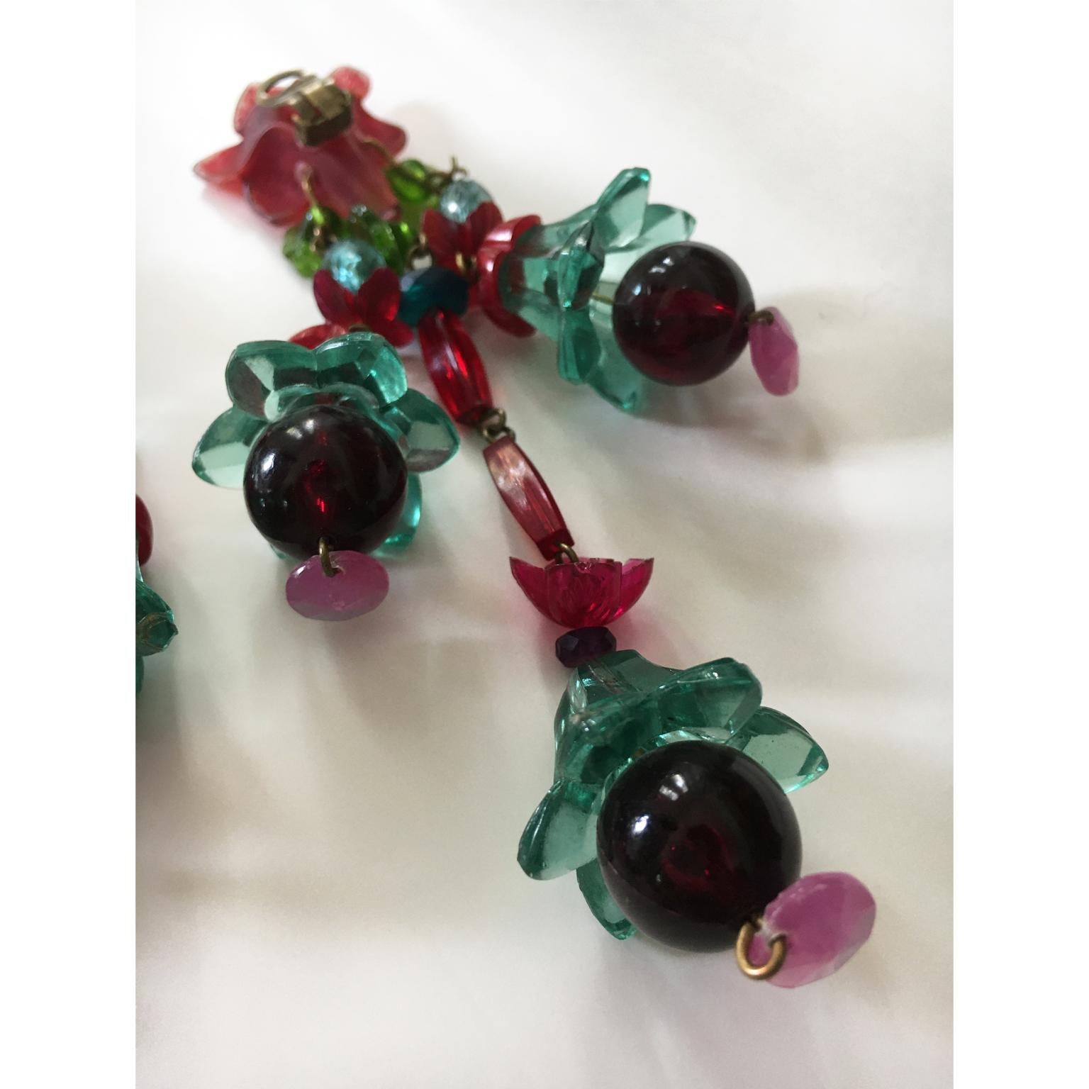 Chandelier Statement Clip Earrings Pink Red Green Flowers 70s For Sale 2