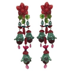 Chandelier Statement Clip Earrings Pink Red Green Flowers 70s