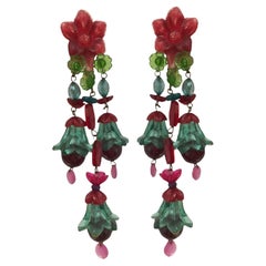 Vintage Chandelier Statement Clip Earrings Pink Red Green Flowers 70s