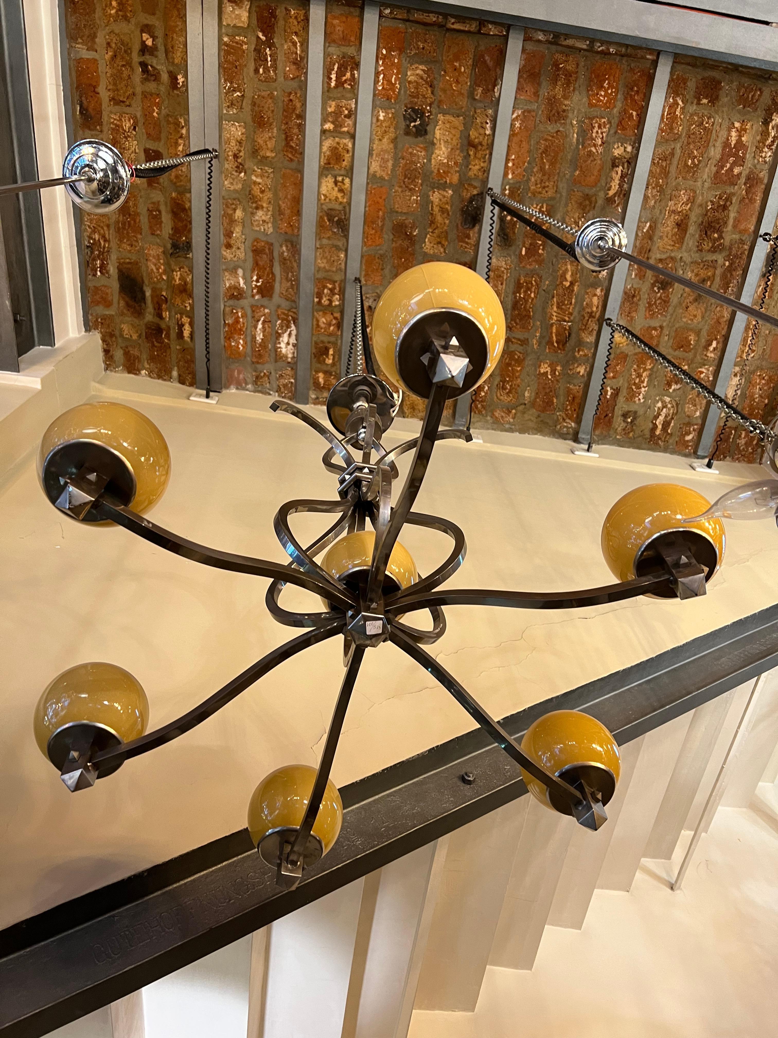 Chandelier Style: Art Deco , 1920, German, Materials: Chromed Bronze and Glass For Sale 1