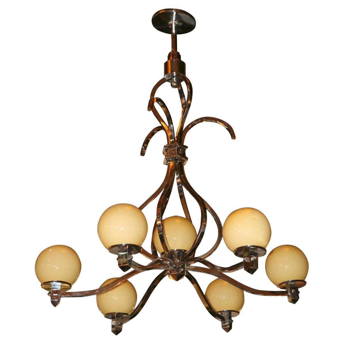 Chandelier Style: Art Deco , 1920, German, Materials: Chromed Bronze and Glass For Sale