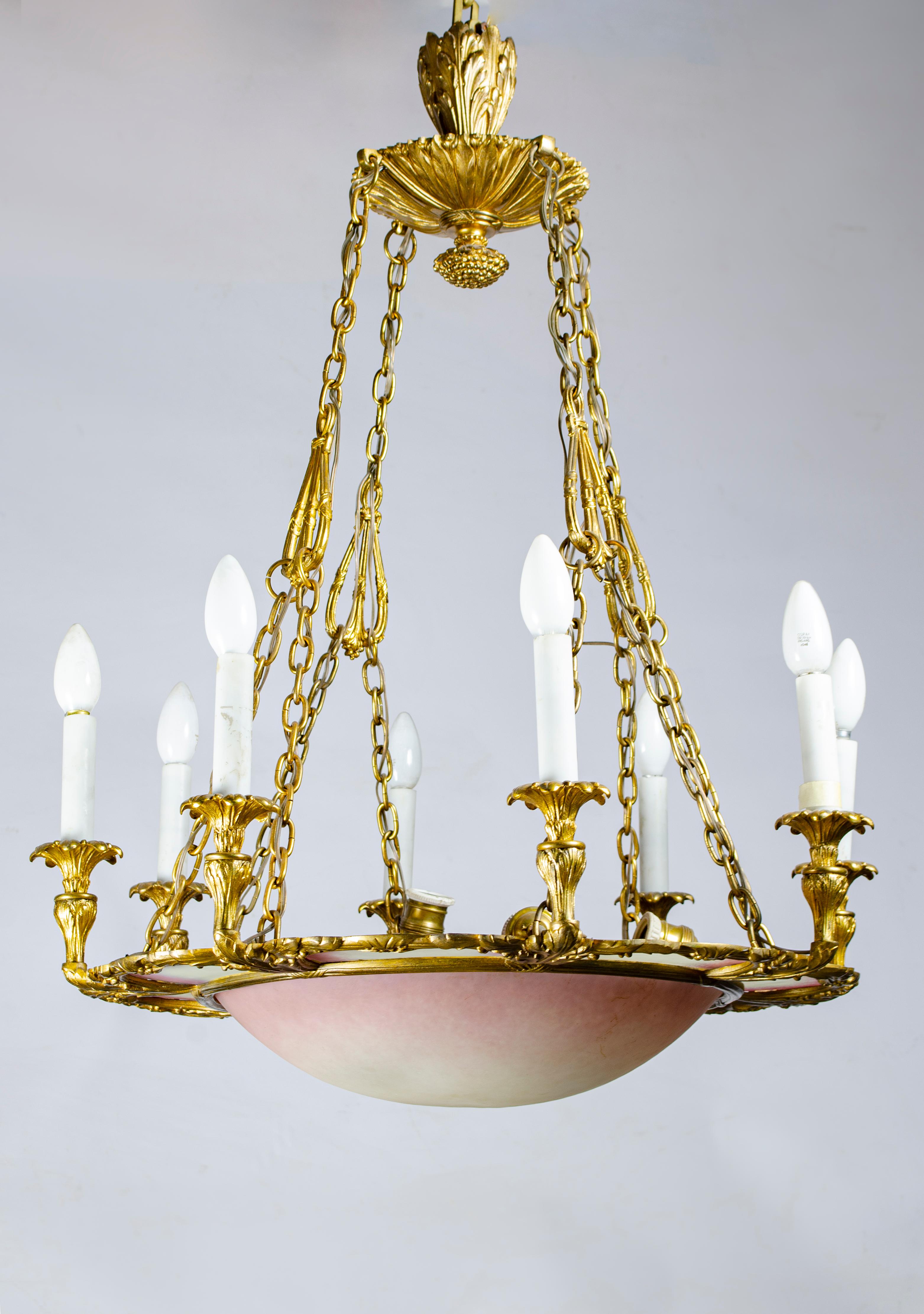 French style Louis XV chandelier
Materials: Bronze and glass paste
Ormolu
Electrified at 220 w
Perfect condition Origin France
Origin France Circa 1920
It has 8 external lights and two inside the ceiling.
Louis XV Style (in French, Louis Quinze) is