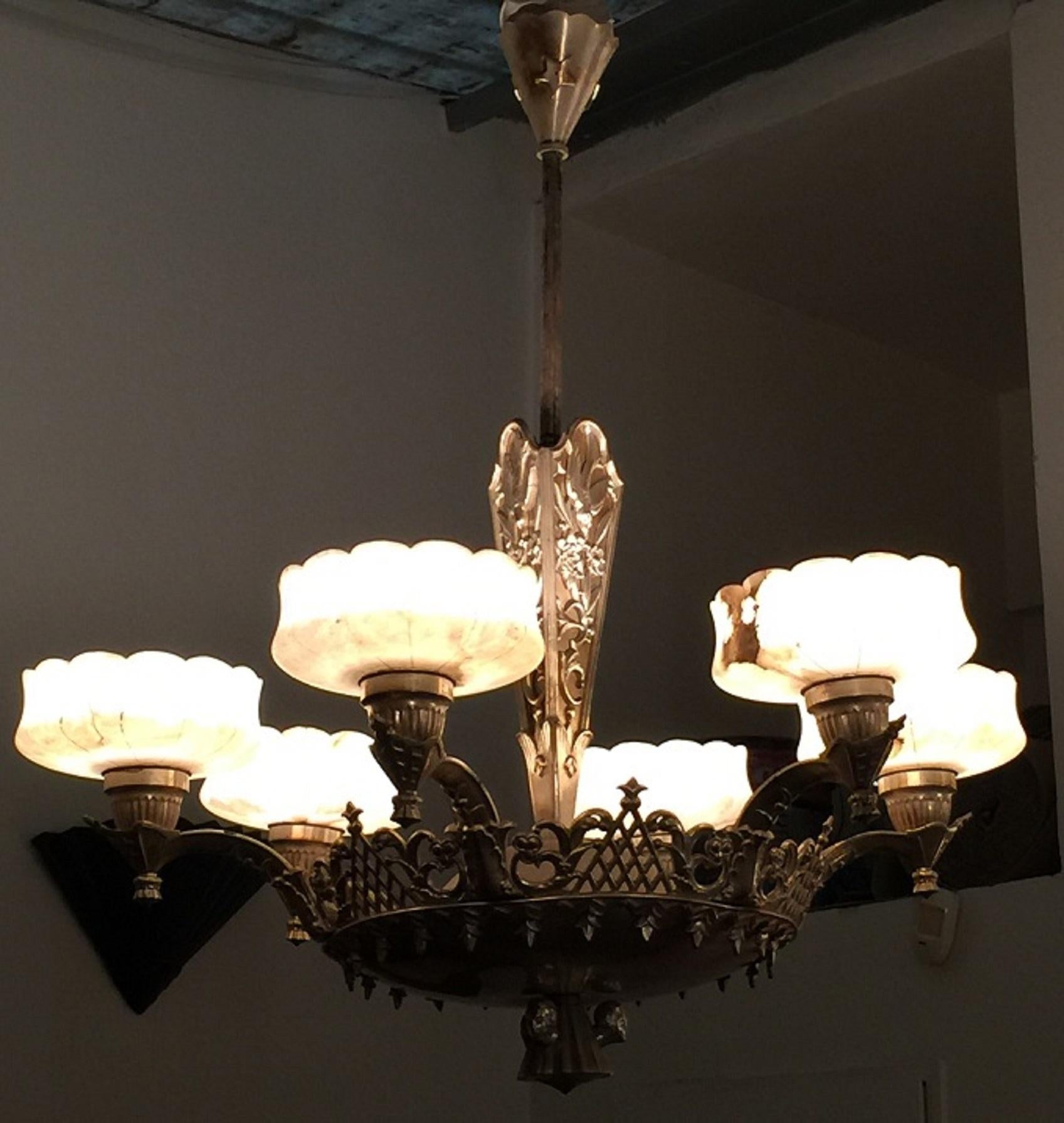 Chandelier Viennese Secession, 1900, Silver Plated Bronze and Alabaster For Sale 4