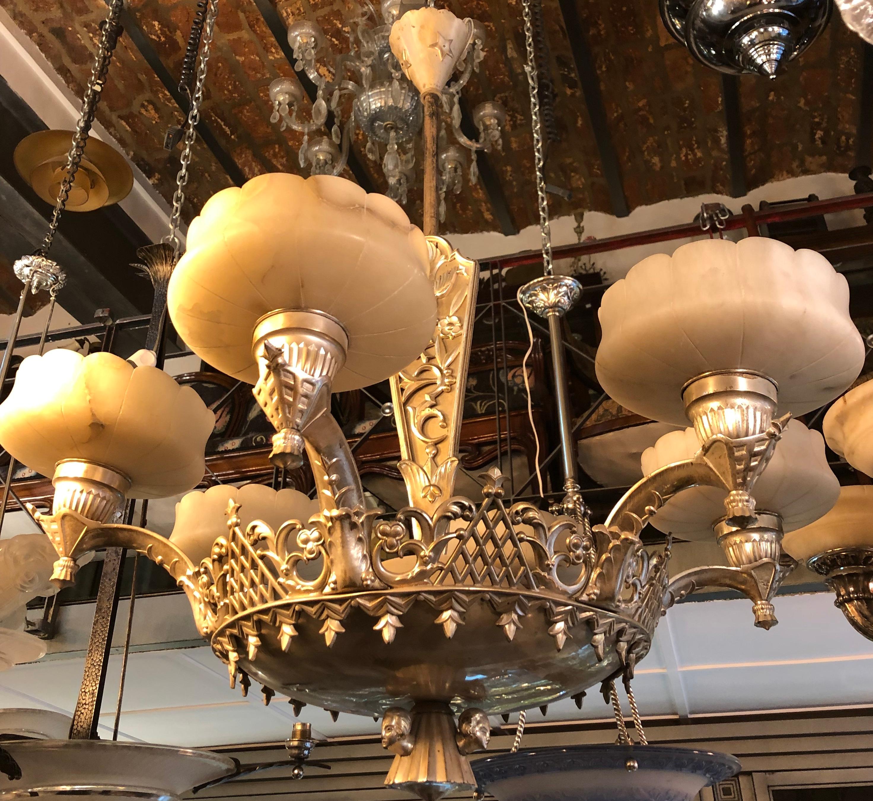 Chandelier Viennese Secession, 1900, Silver Plated Bronze and Alabaster For Sale 1