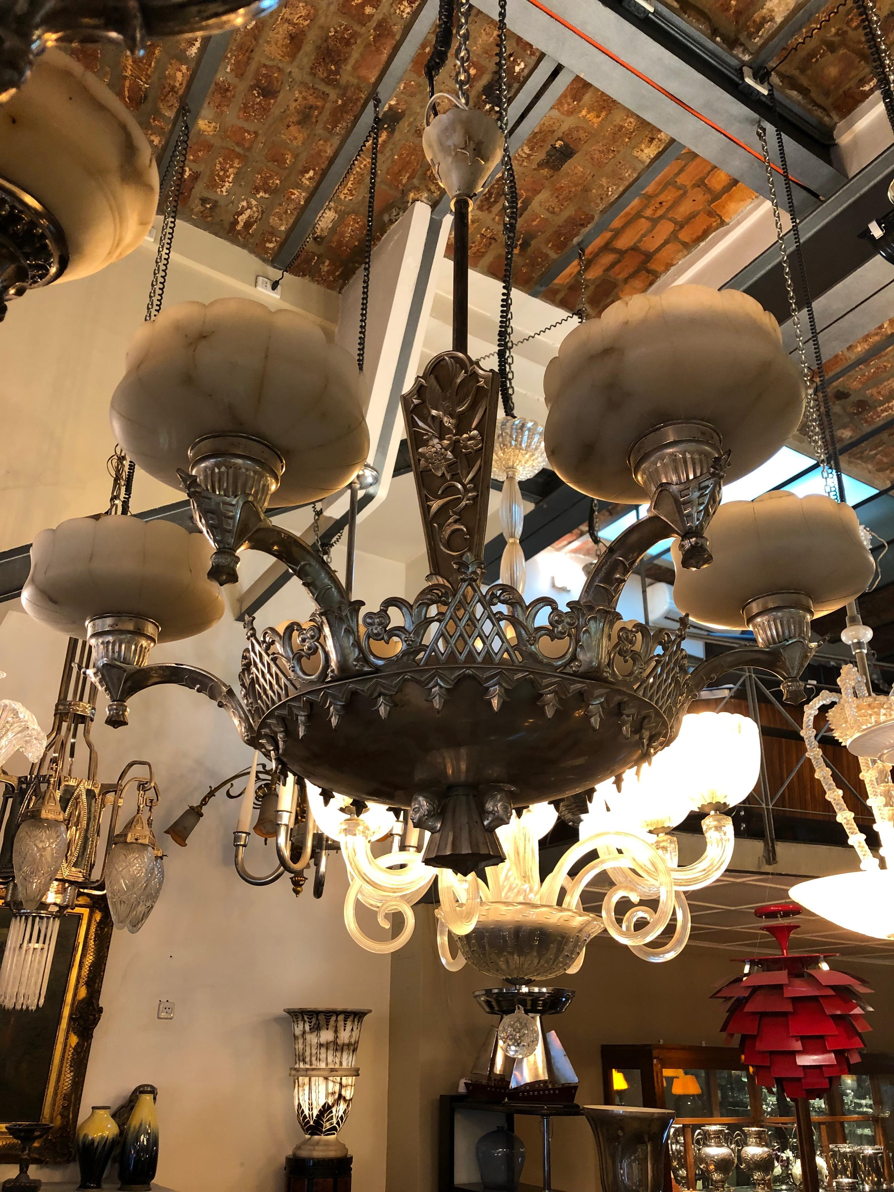 Chandelier Viennese Secession, 1900, Silver Plated Bronze and Alabaster For Sale 2