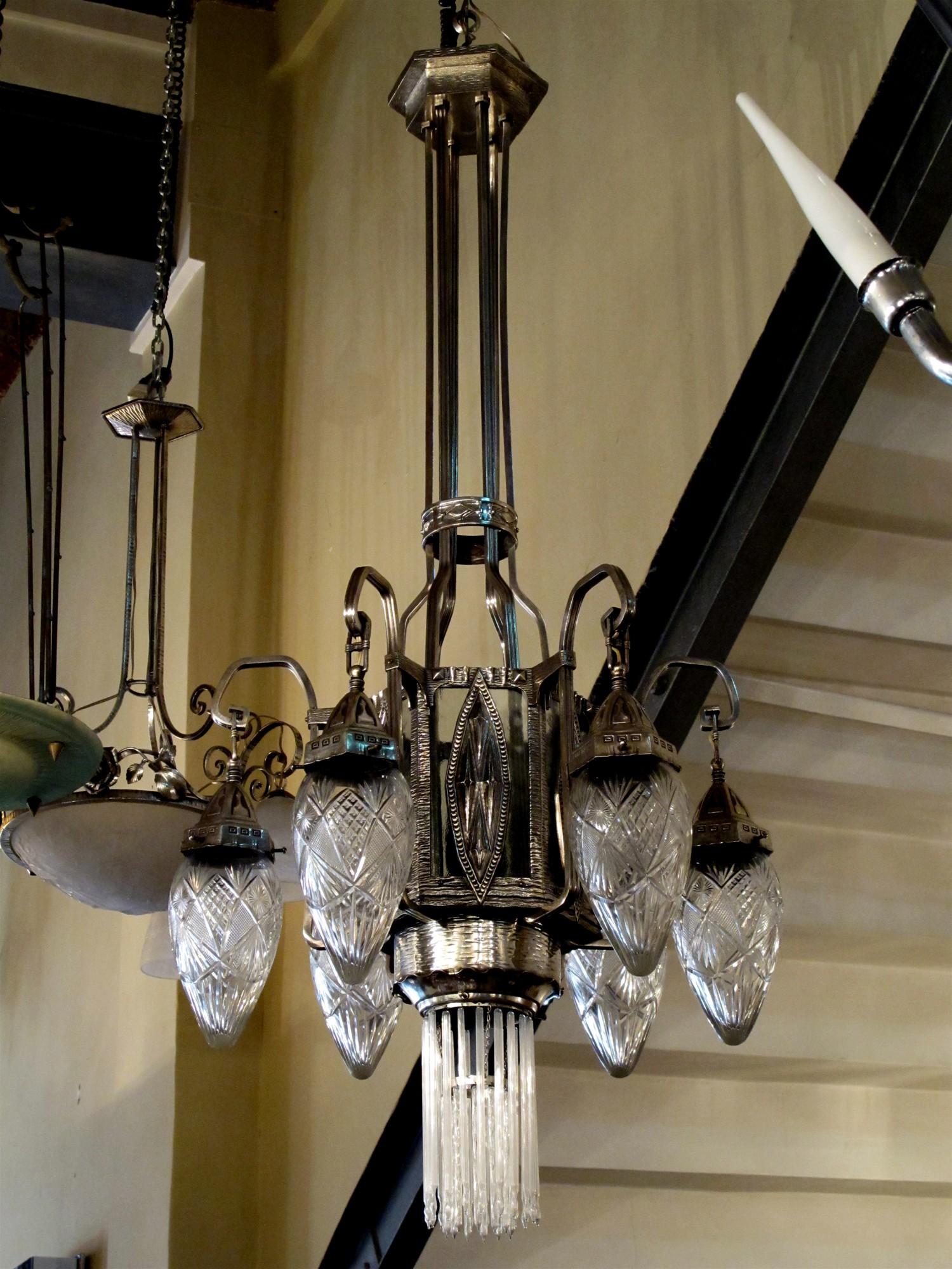 Austriaco Lampadario Secessione Viennese, 1900, Bronzo placcato argento in vendita