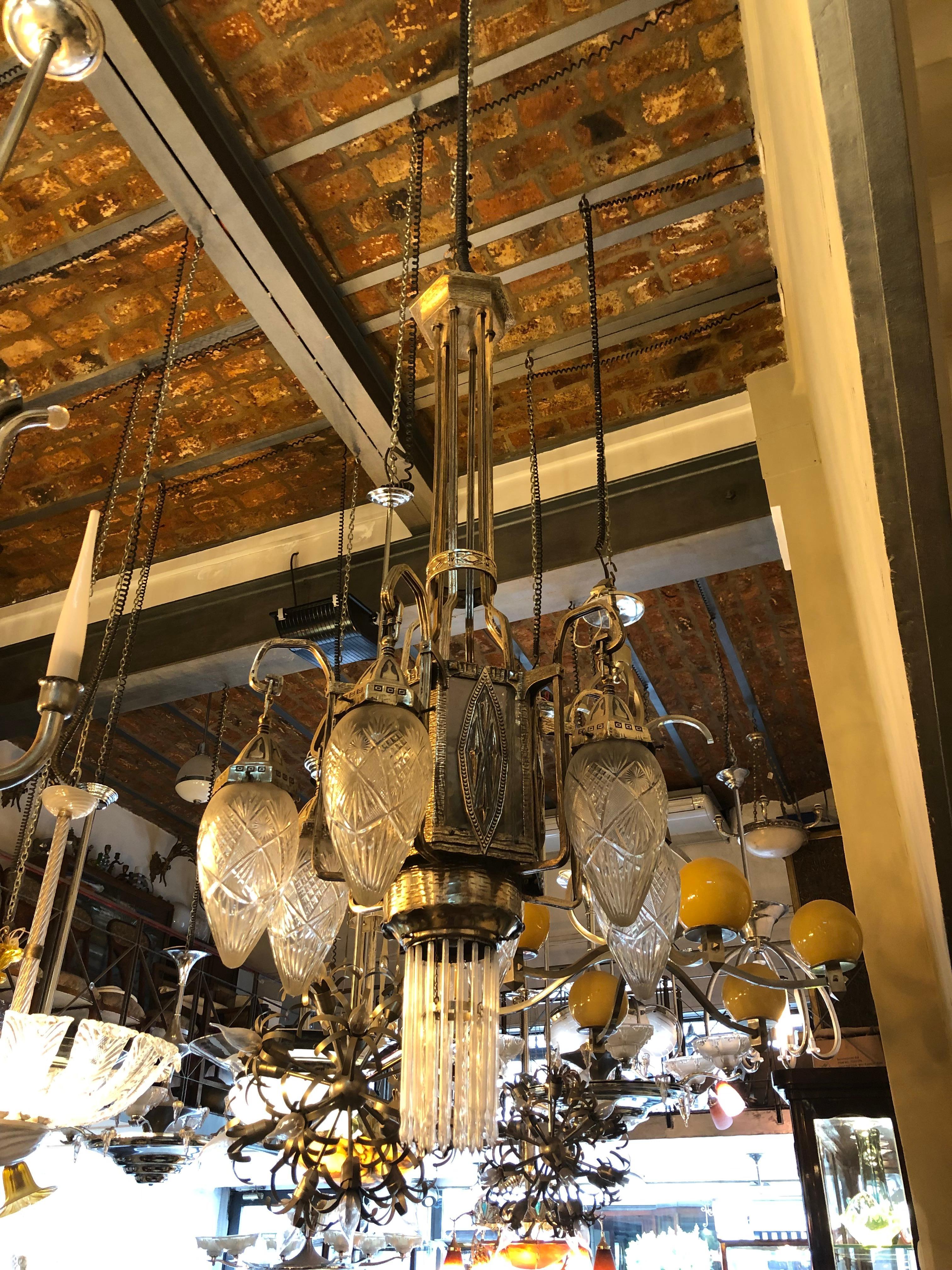 Early 20th Century Chandelier Viennese Secession, 1900, Silver Plated Bronze For Sale