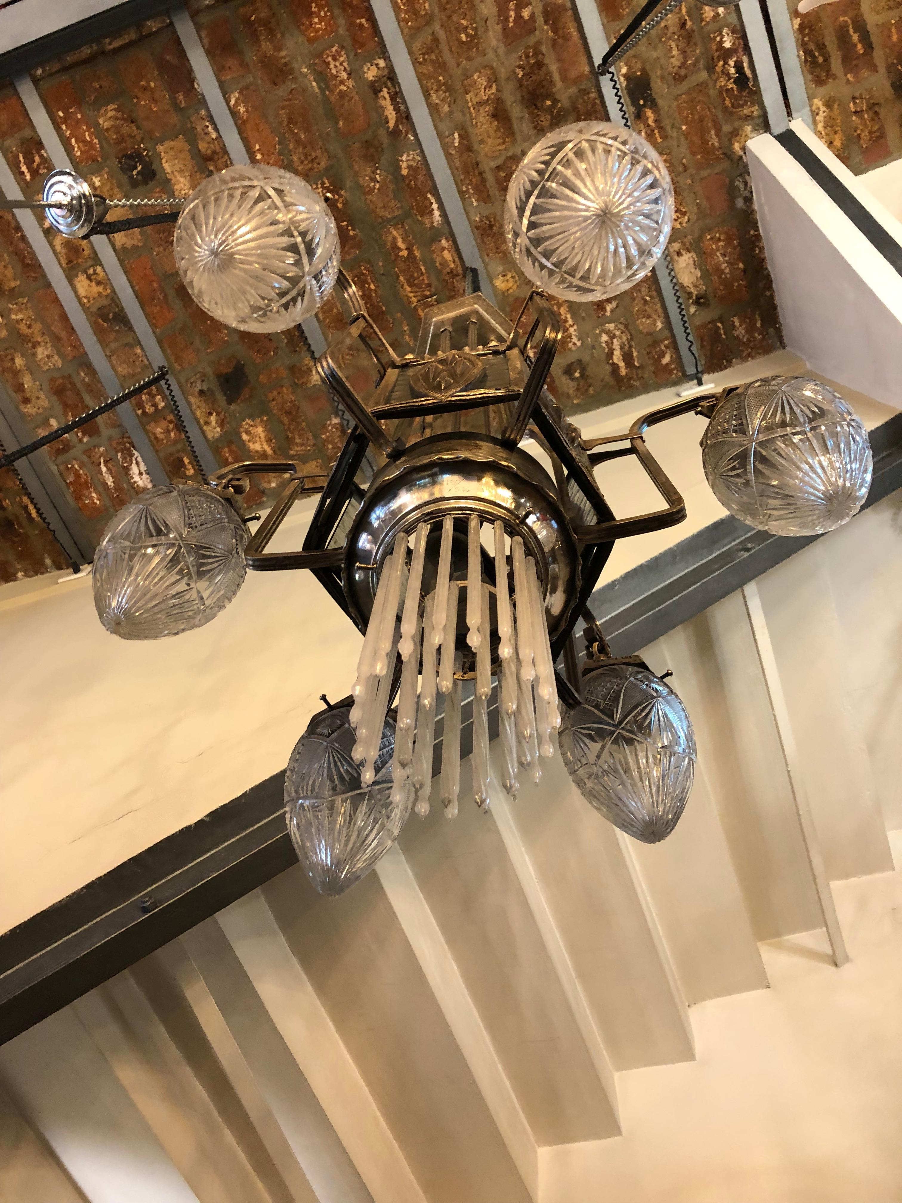 Chandelier Viennese Secession, 1900, Silver Plated Bronze For Sale 6