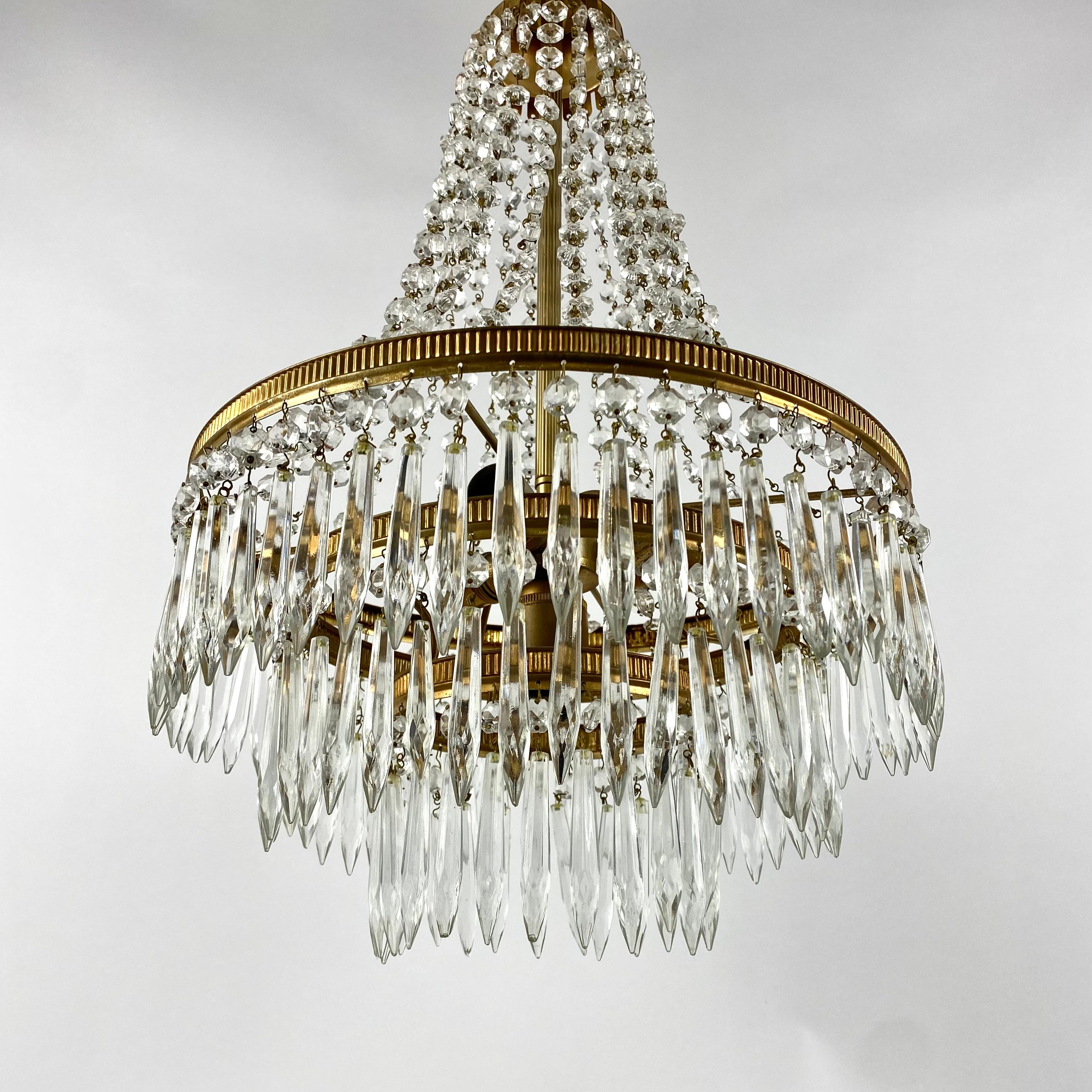 Empire Chandelier Vintage Crystal Brass Pendant Lighting With 3 Light Points, France For Sale