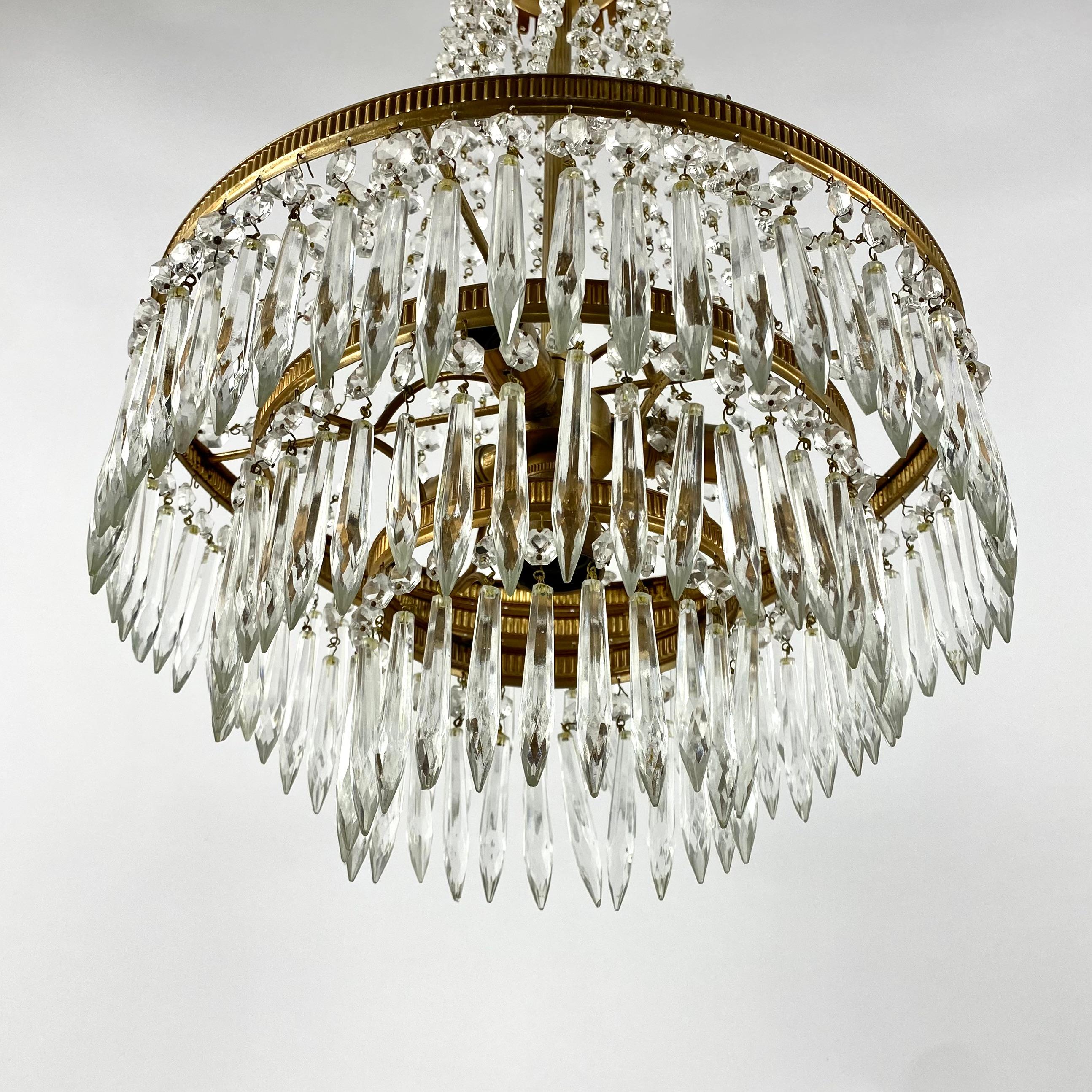 French Chandelier Vintage Crystal Brass Pendant Lighting With 3 Light Points, France For Sale