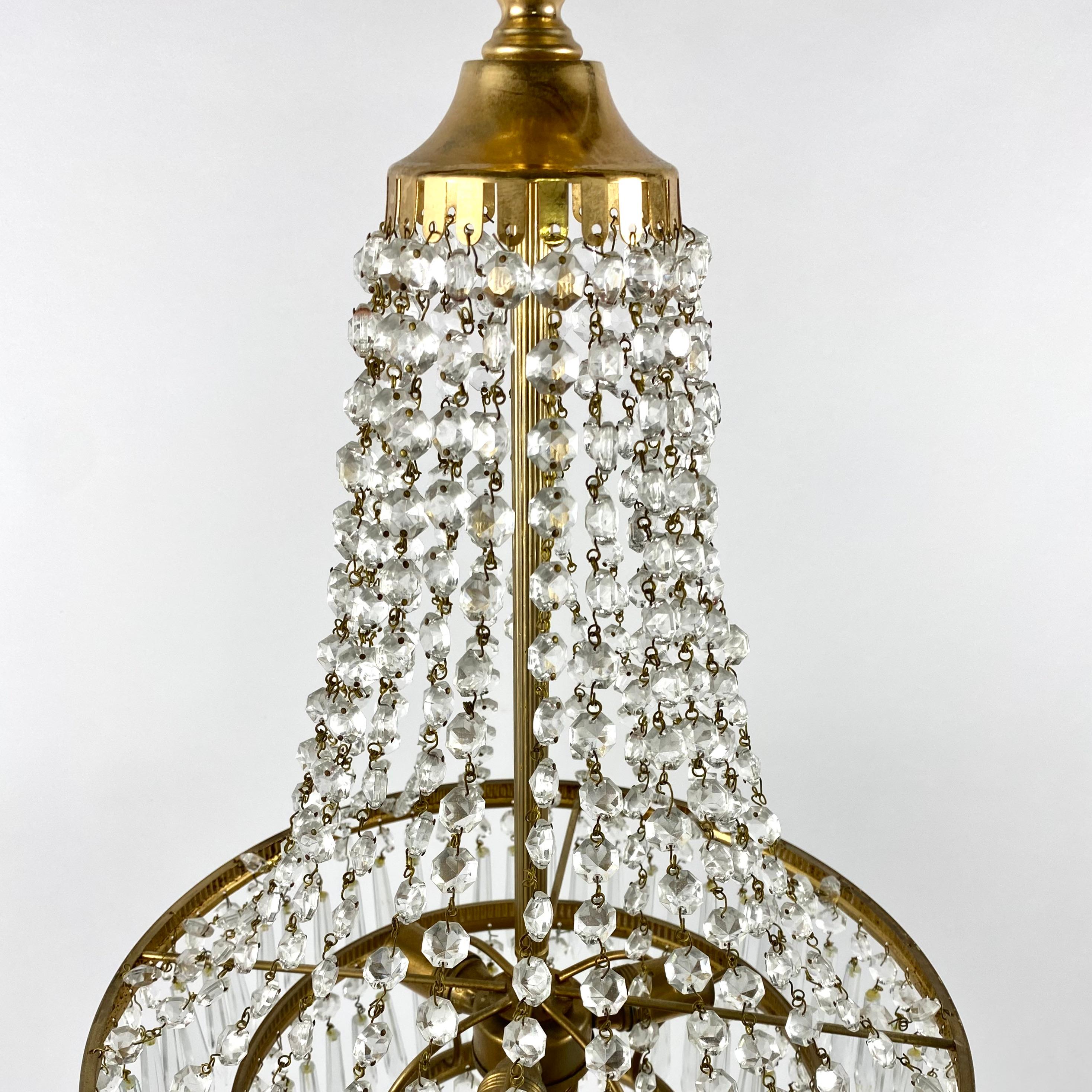 Late 20th Century Chandelier Vintage Crystal Brass Pendant Lighting With 3 Light Points, France For Sale