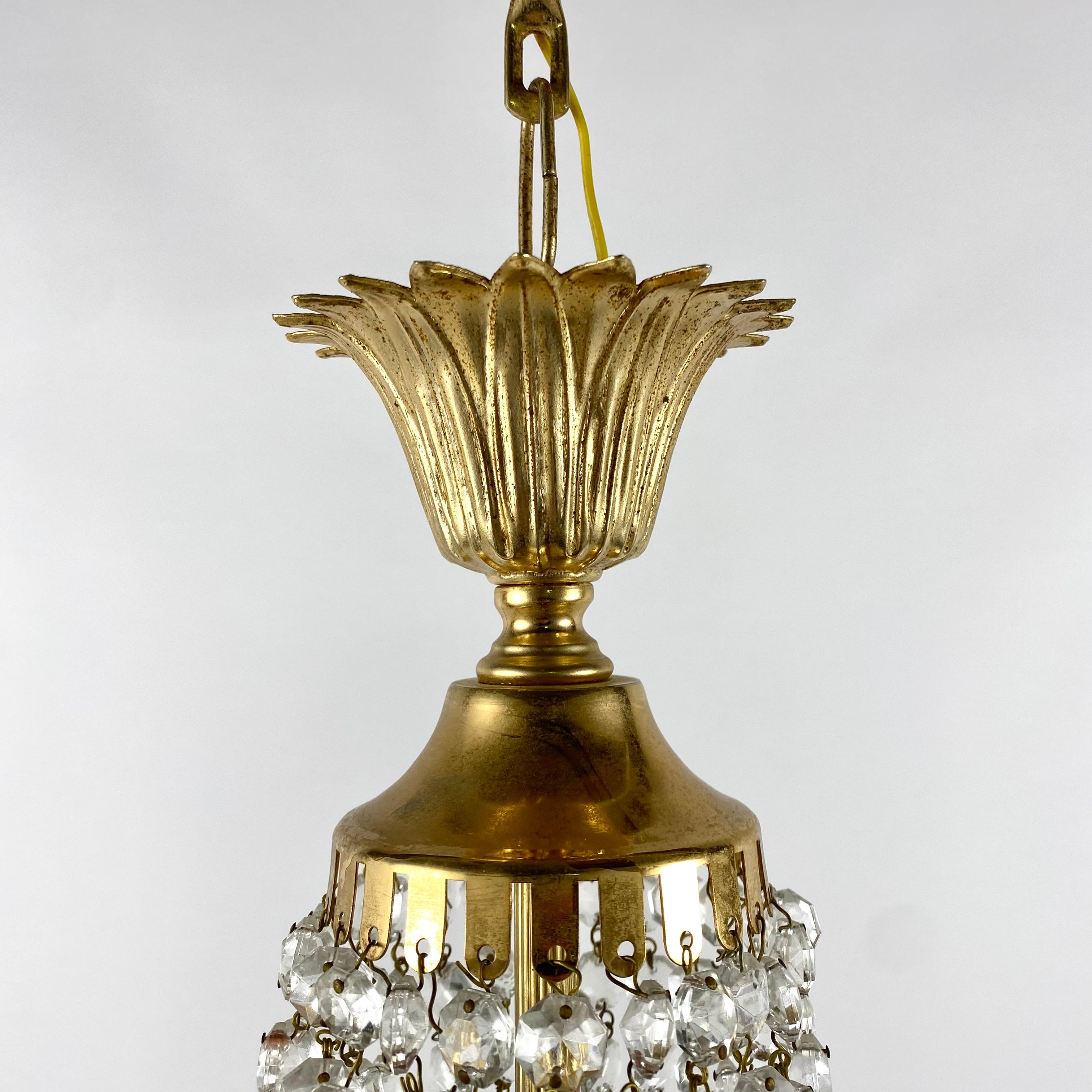 Chandelier Vintage Crystal Brass Pendant Lighting With 3 Light Points, France For Sale 1