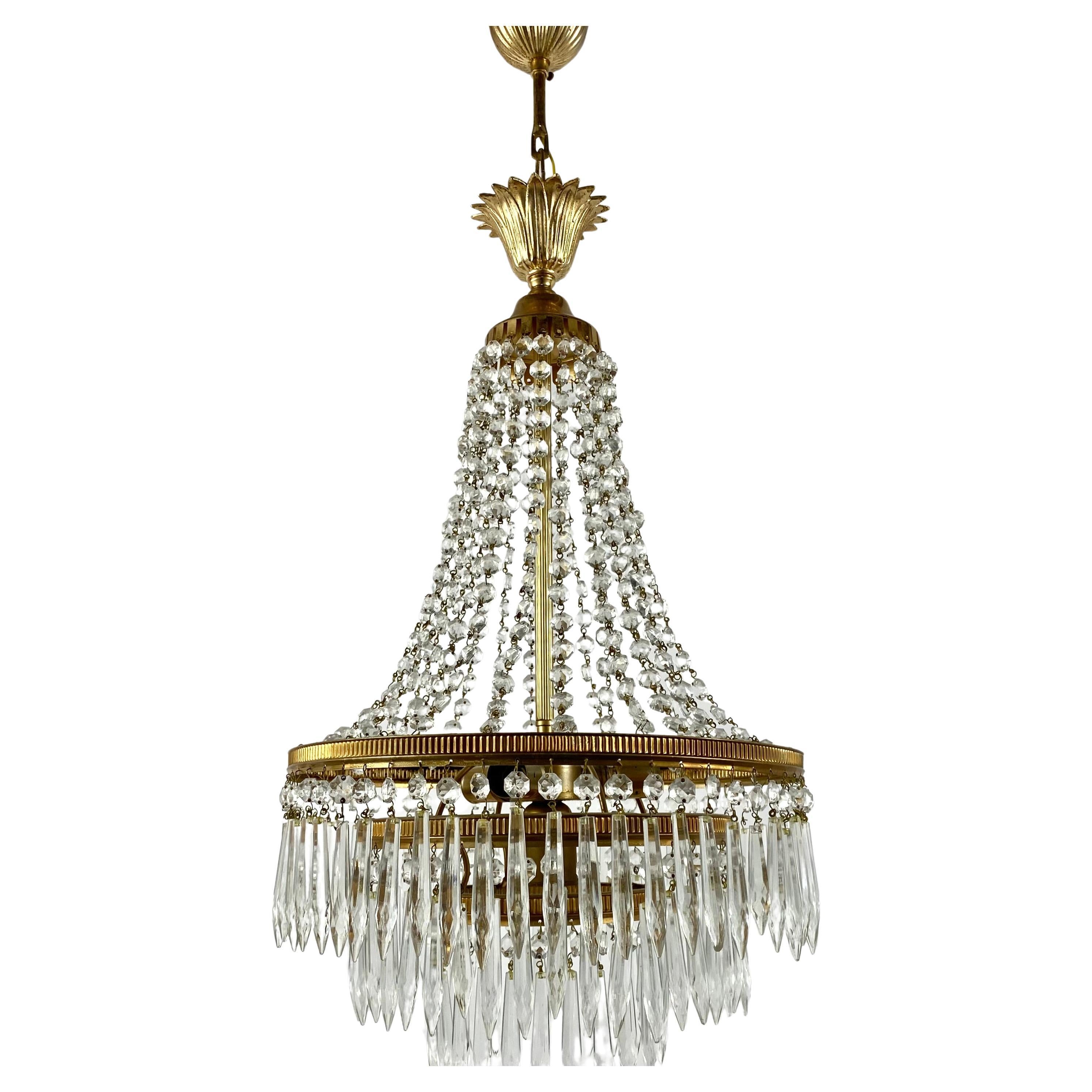 Chandelier Vintage Crystal Brass Pendant Lighting With 3 Light Points, France