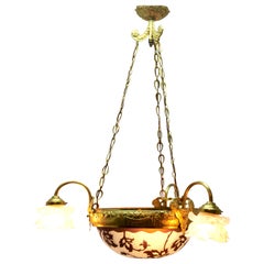 Chandelier Whit Large Central Glass Dome of Cameo Cast Brass with Three-Arms