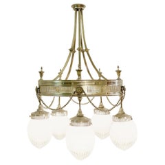 Chandelier with 5-Light in Silvered Bronze and Cut Crystal, France