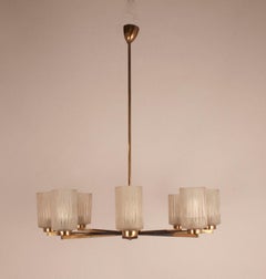 Chandelier with 8 Lights, Polished Brass, Glass Lampshades, Germany, 1950s
