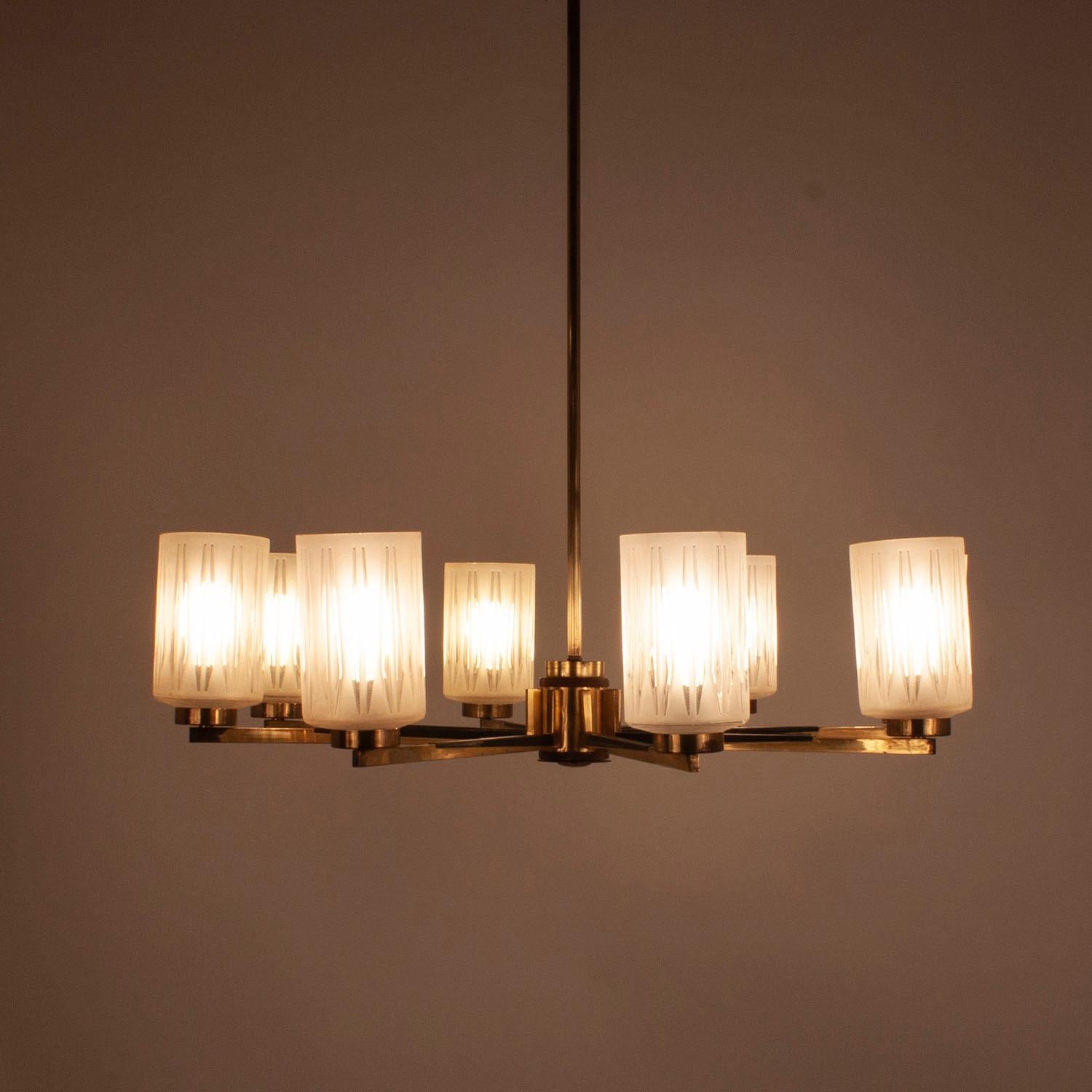 Mid-Century Modern Chandelier with 8 Lights, Polished Brass, Glass Lampshades, Germany, 1950s For Sale