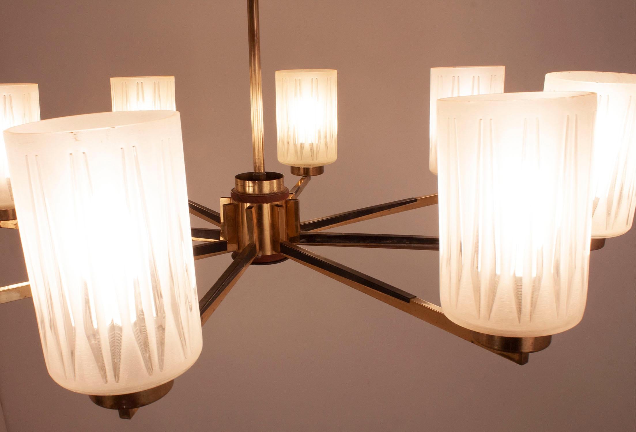 Mid-20th Century Chandelier with 8 Lights, Polished Brass, Glass Lampshades, Germany, 1950s For Sale