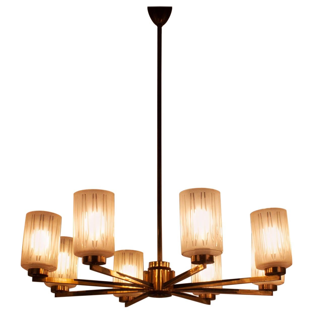 Chandelier with 8 Lights, Polished Brass, Glass Lampshades, Germany, 1950s For Sale