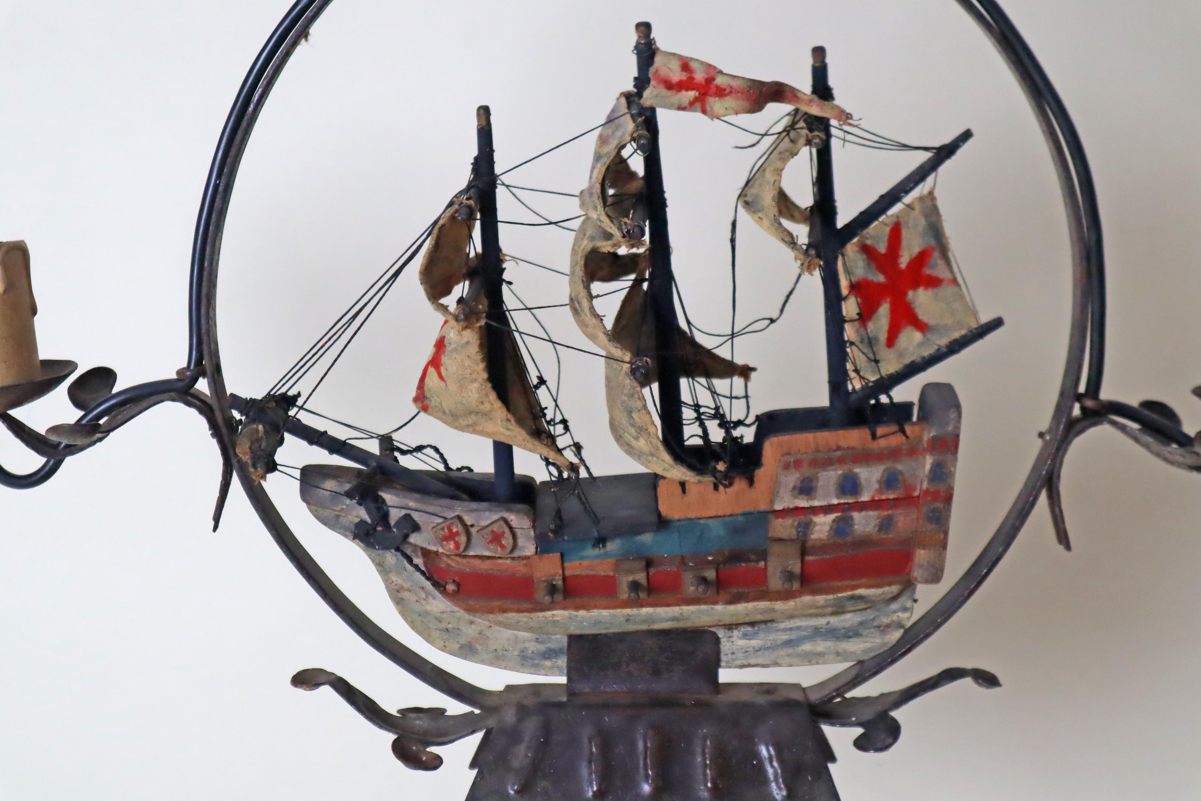 Chandelier With a Spanish Wooden Galleon Sailing Ship, 1940s For Sale 3
