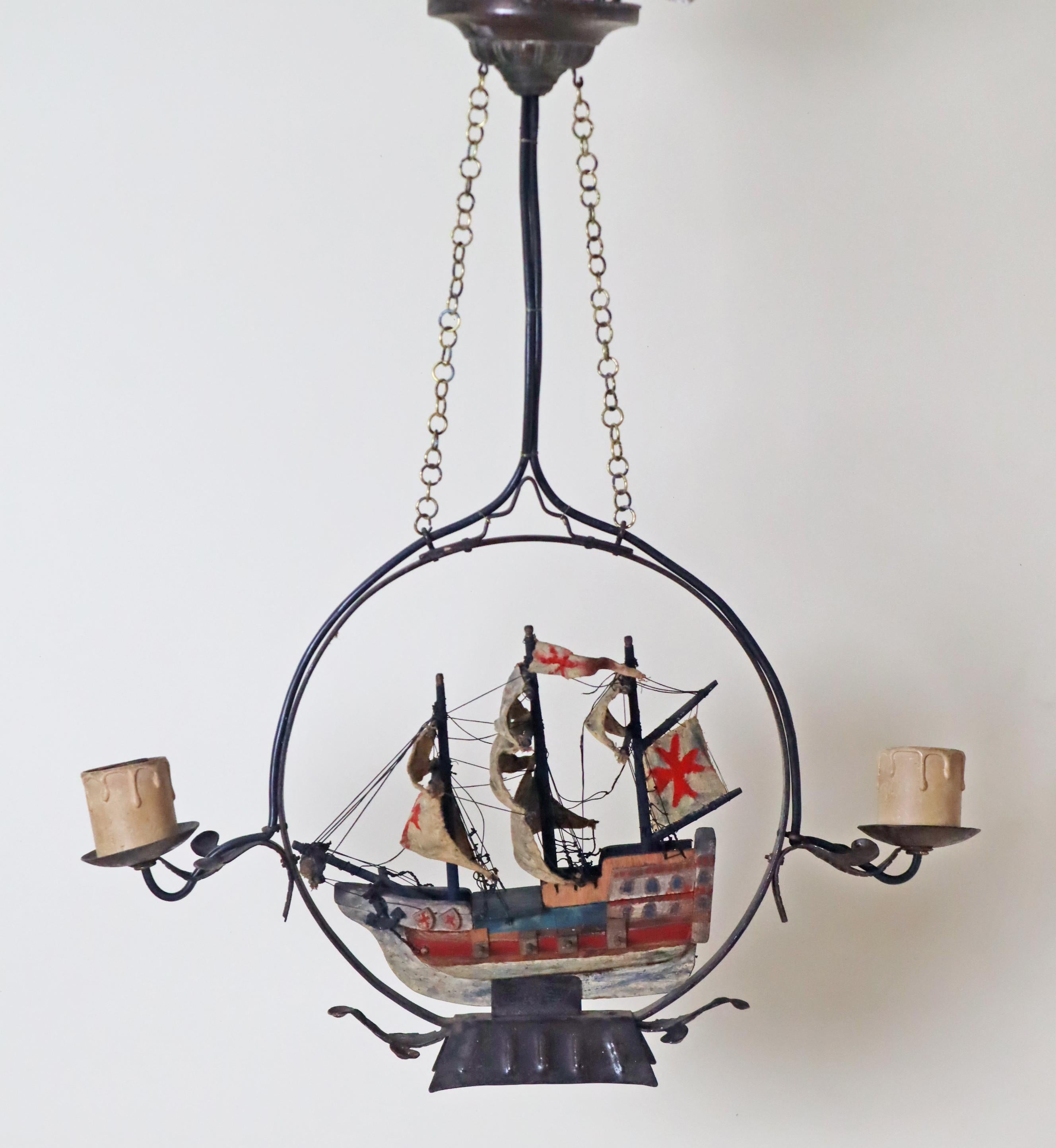 Chandelier With a Spanish Wooden Galleon Sailing Ship, 1940s For Sale 4