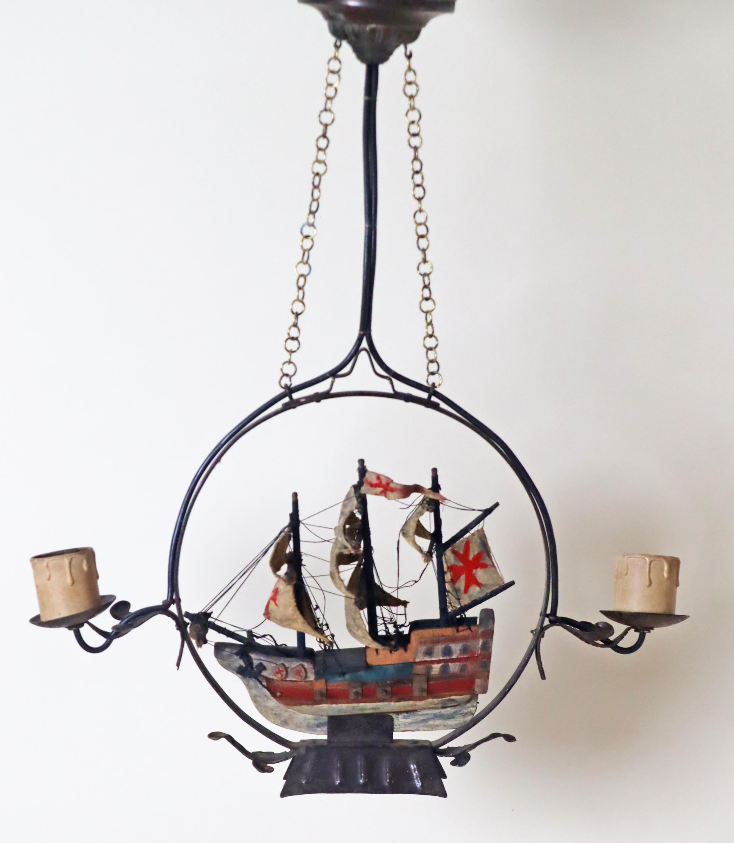 Chandelier With a Spanish Wooden Galleon Sailing Ship, 1940s For Sale 5