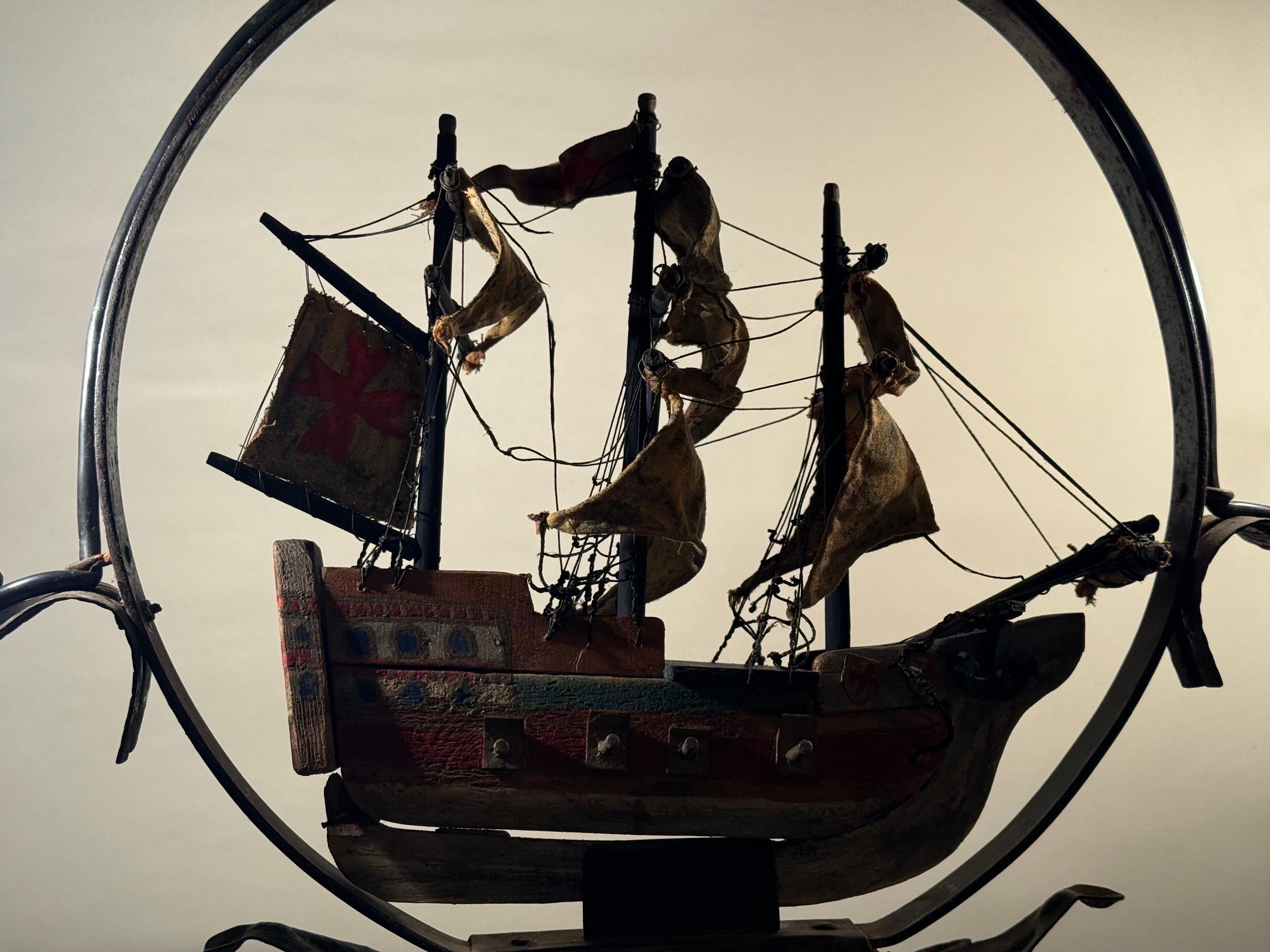 Chandelier With a Spanish Wooden Galleon Sailing Ship, 1940s For Sale 6