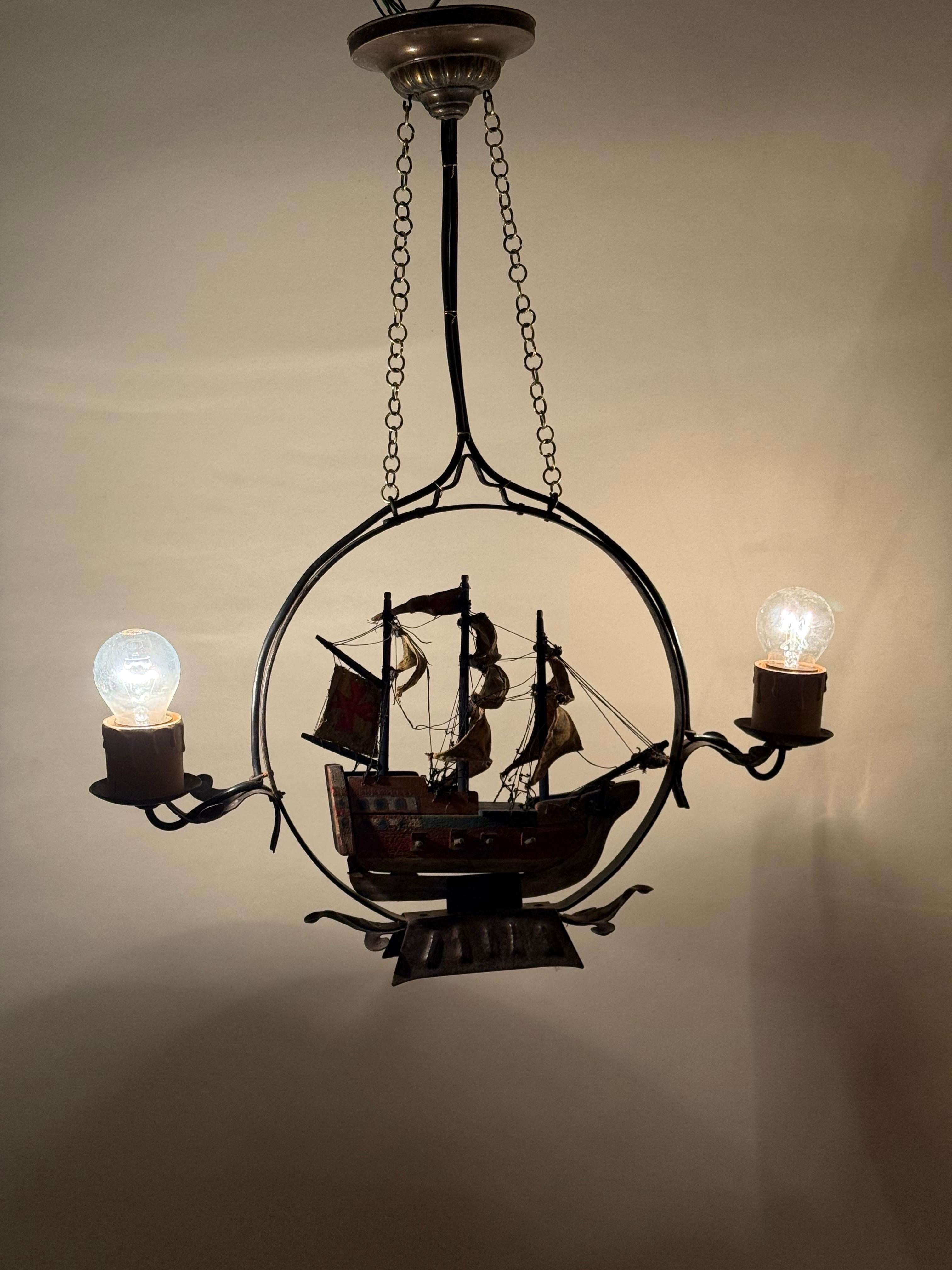Chandelier With a Spanish Wooden Galleon Sailing Ship, 1940s For Sale 7