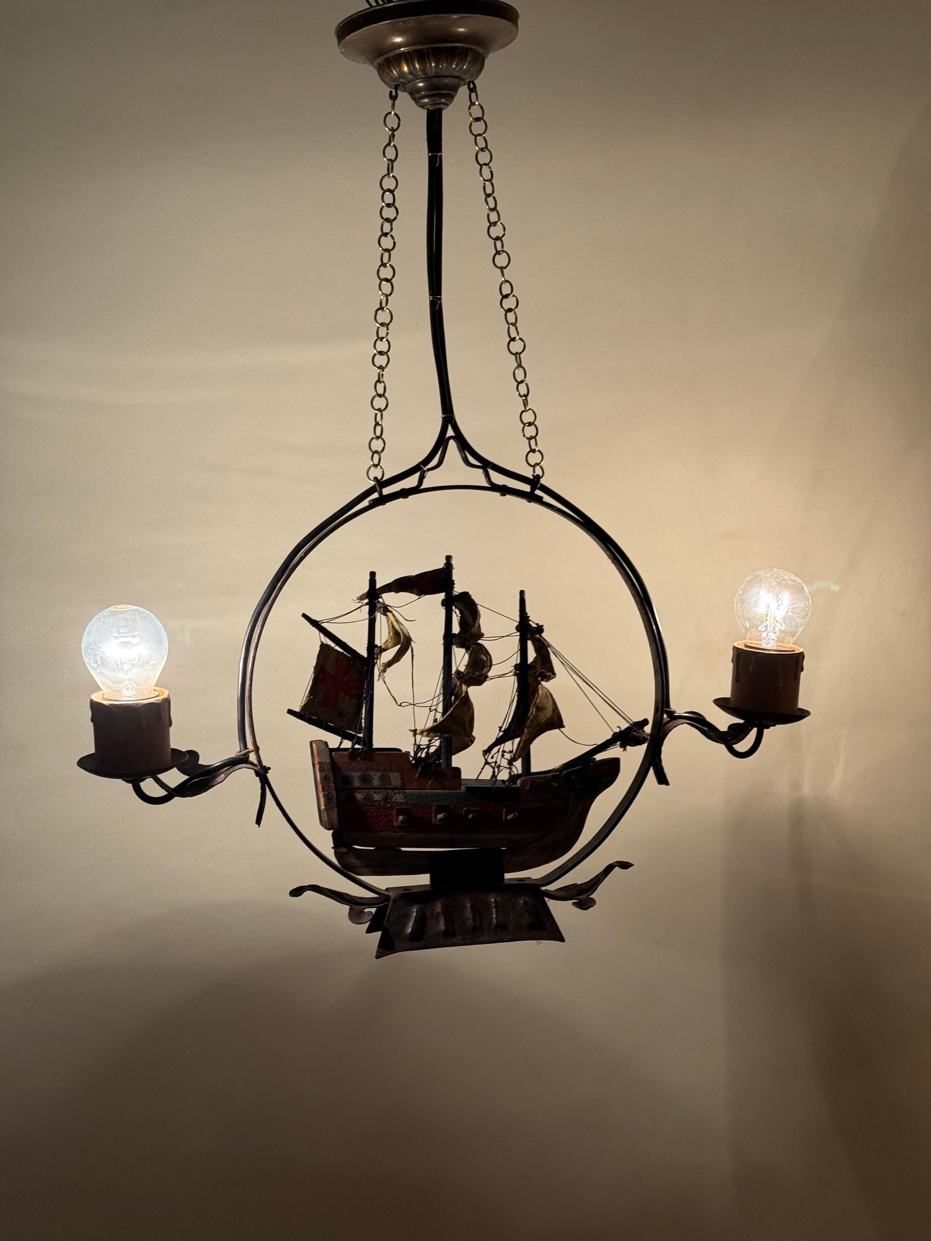 Chandelier With a Spanish Wooden Galleon Sailing Ship, 1940s For Sale 8