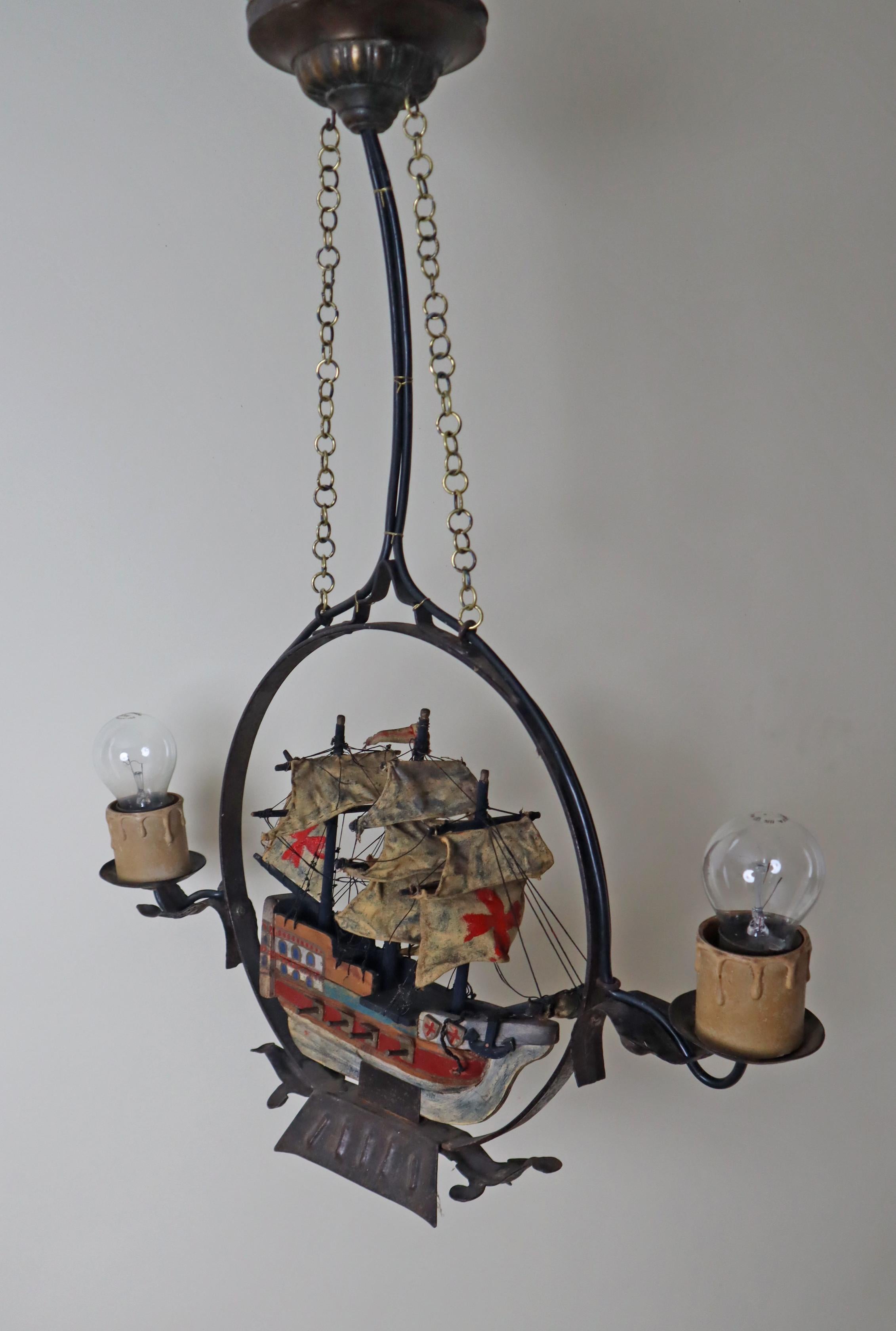 Art Deco Chandelier With a Spanish Wooden Galleon Sailing Ship, 1940s For Sale