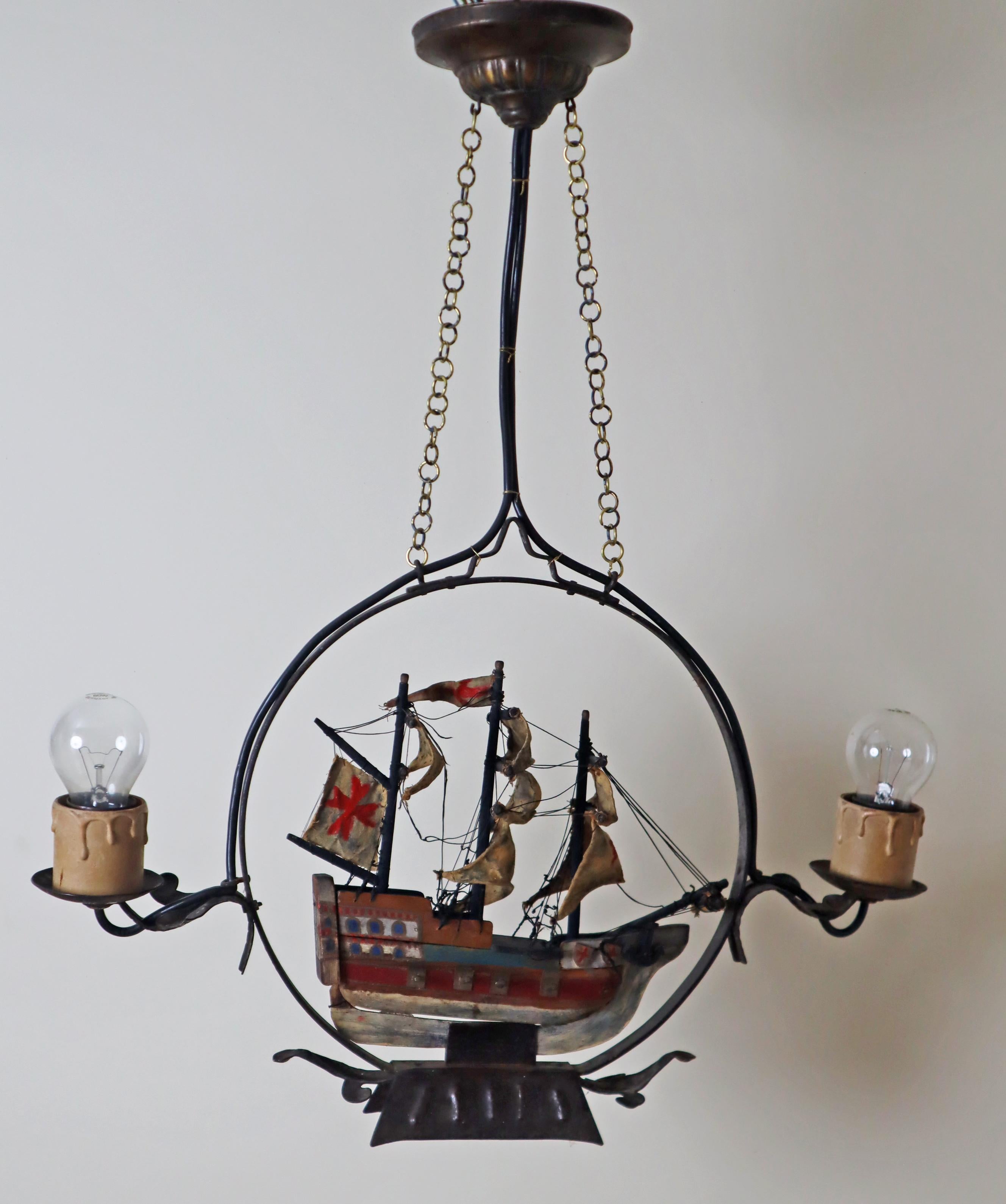 Chandelier With a Spanish Wooden Galleon Sailing Ship, 1940s In Good Condition For Sale In Hannover, DE