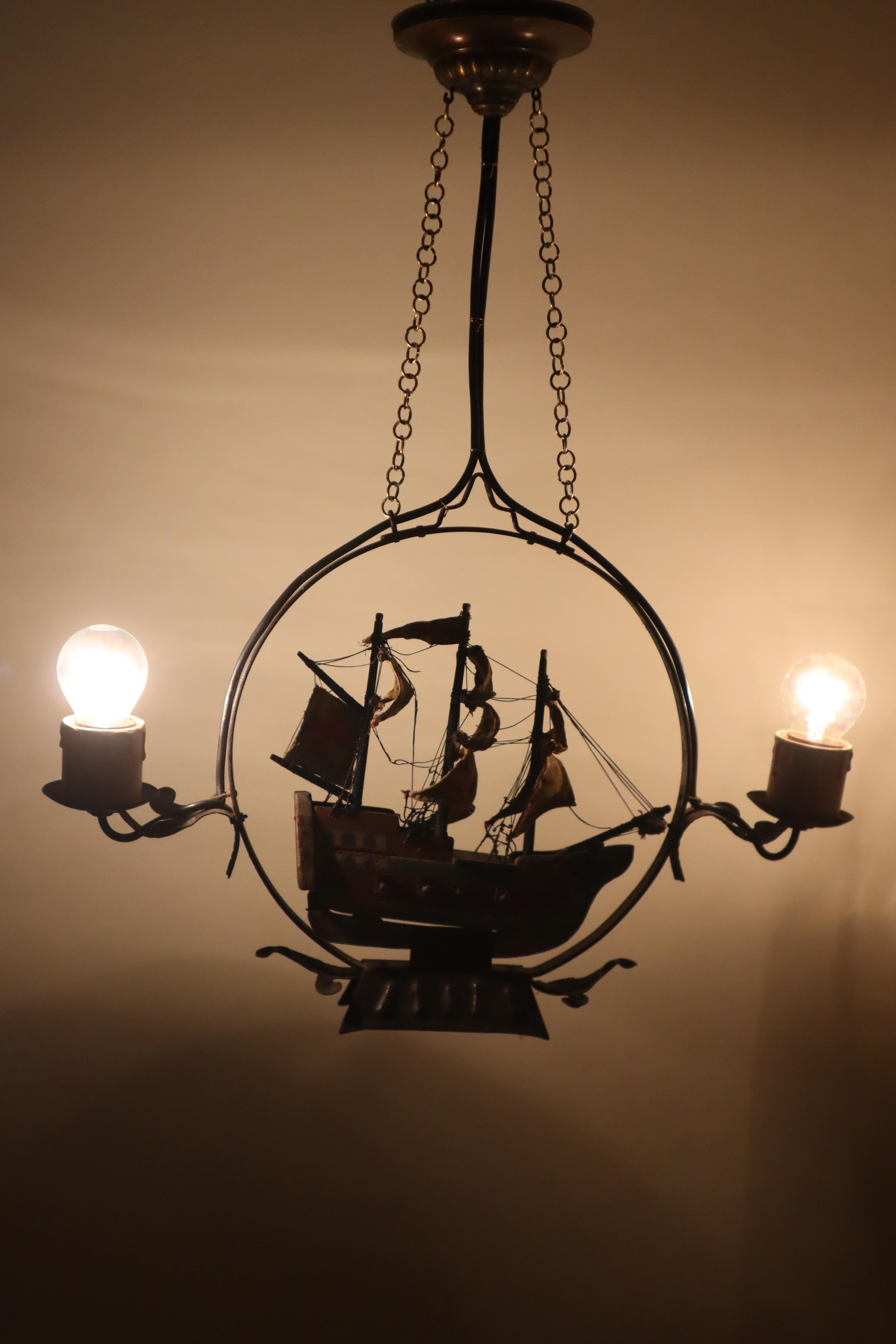 Mid-20th Century Chandelier With a Spanish Wooden Galleon Sailing Ship, 1940s For Sale