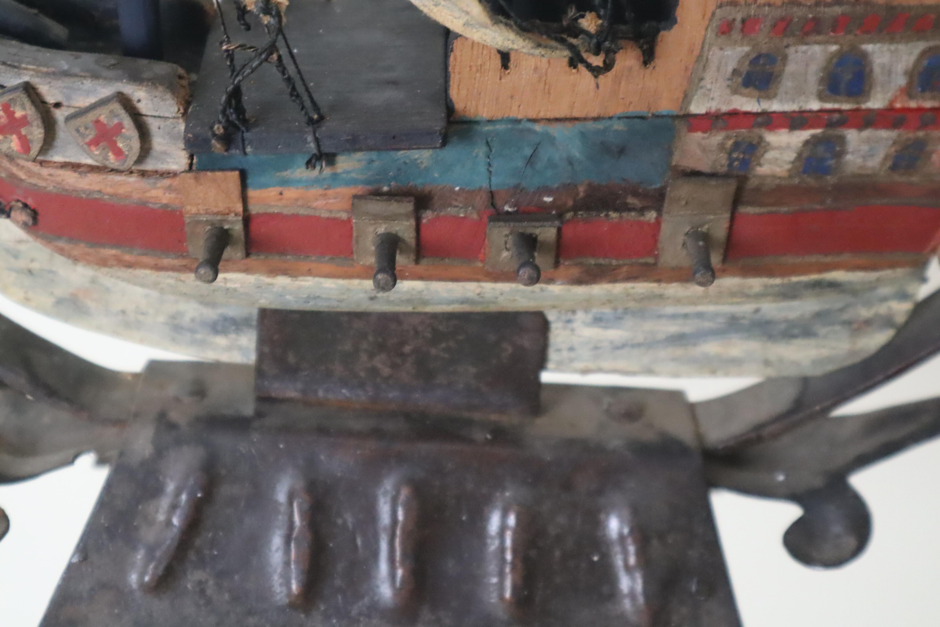 Metal Chandelier With a Spanish Wooden Galleon Sailing Ship, 1940s For Sale