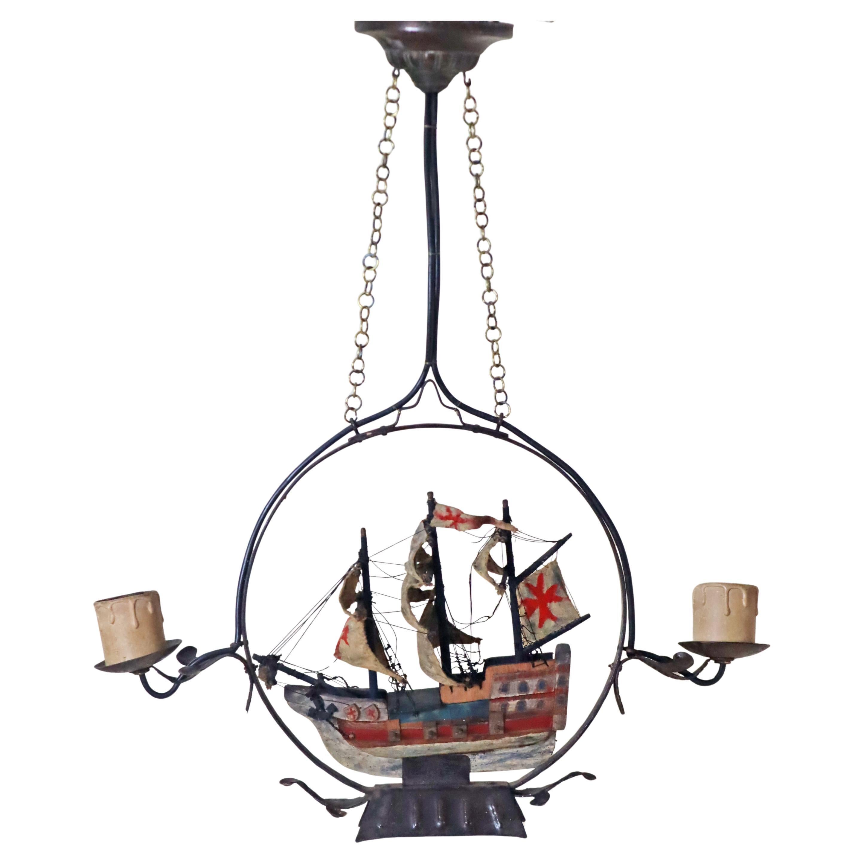 Chandelier With a Spanish Wooden Galleon Sailing Ship, 1940s
