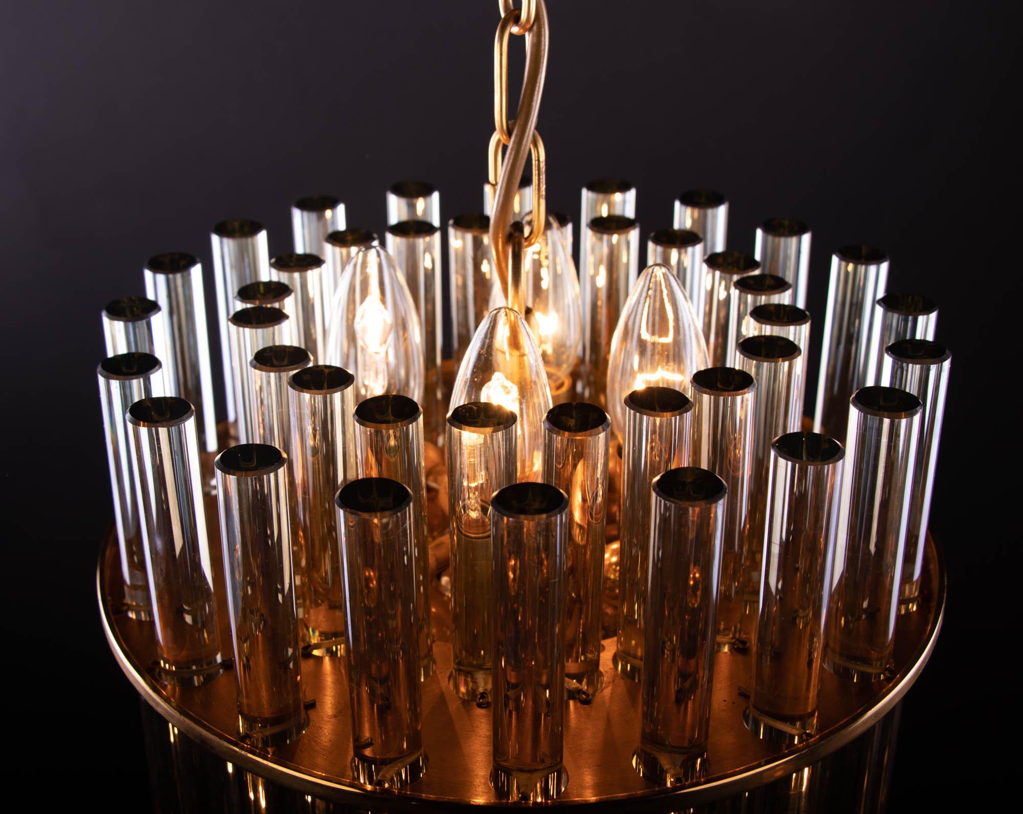 Mid-20th Century 1960 Germany Palwa Chandelier Amber Murano Glass Rods & Gilt Brass