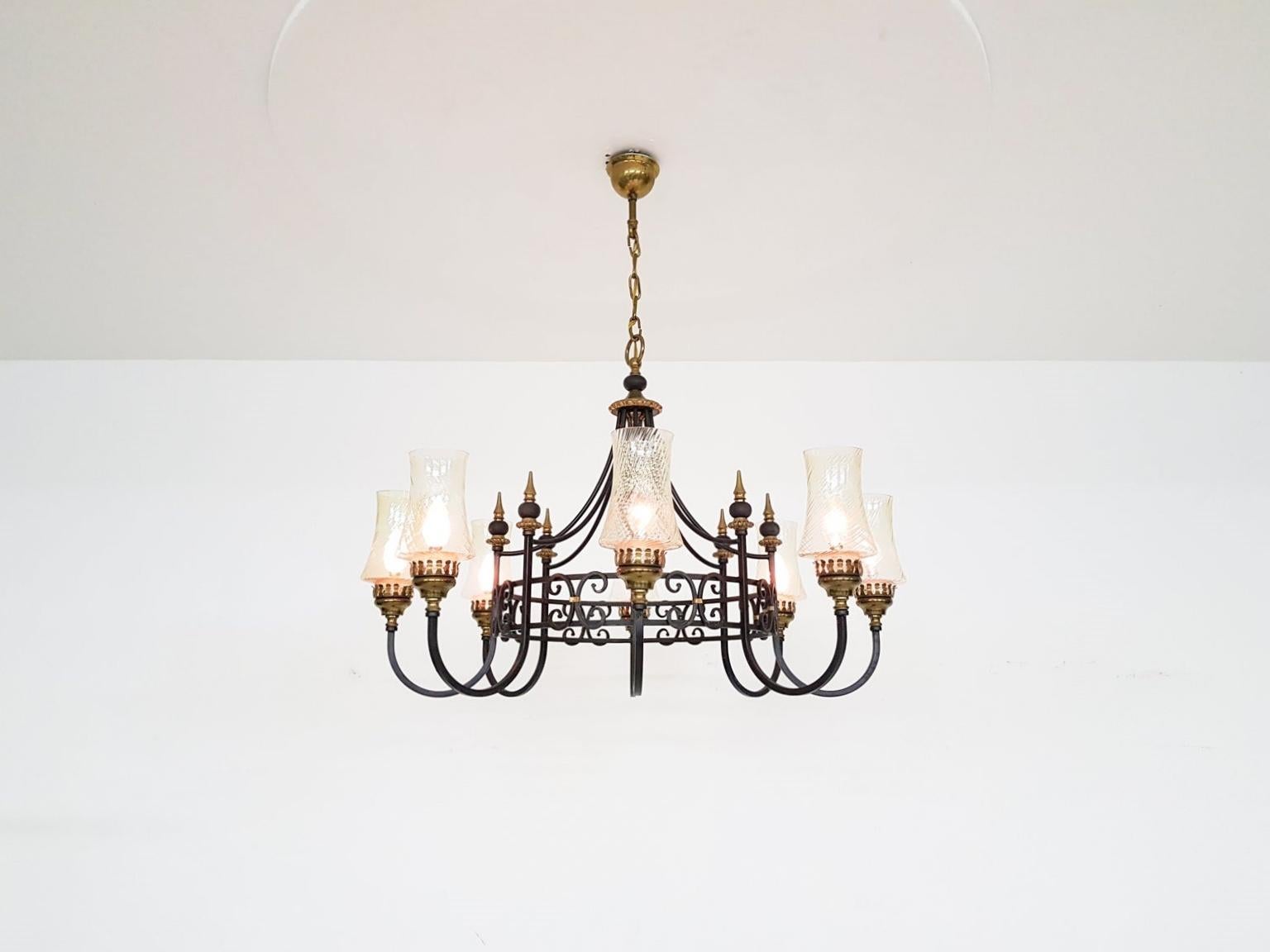 Mid-Century Modern Chandelier with Blown Glass Chalices in Black Iron and Brass, 1930s