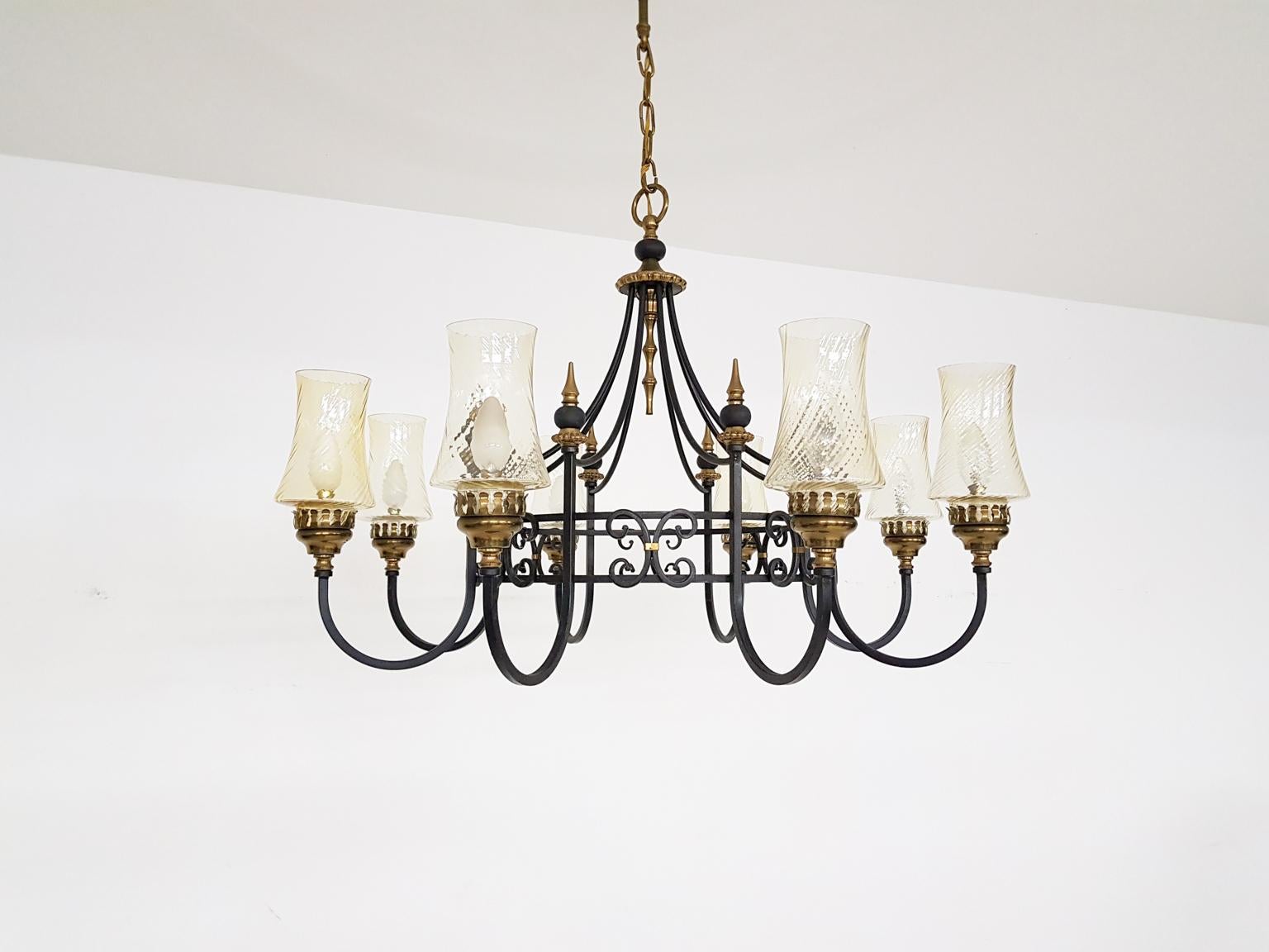 Italian Chandelier with Blown Glass Chalices in Black Iron and Brass, 1930s