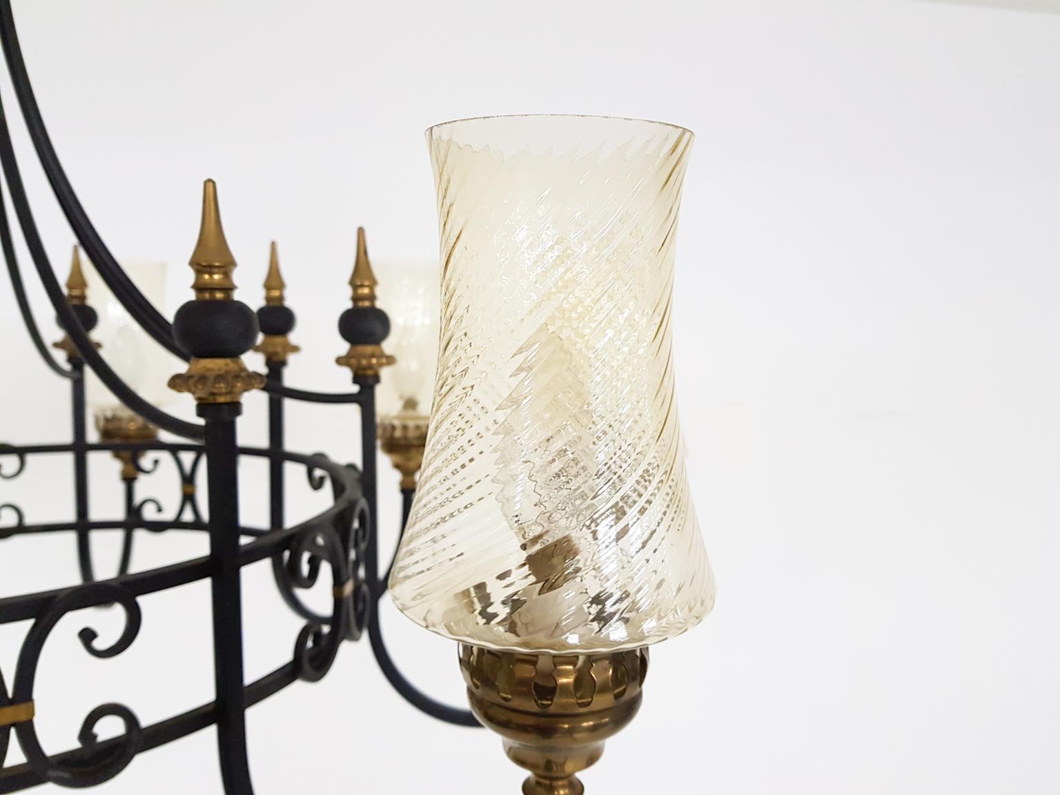 Chandelier with Blown Glass Chalices in Black Iron and Brass, 1930s In Good Condition In Amsterdam, NL