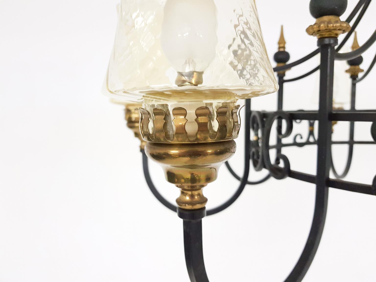 Chandelier with Blown Glass Chalices in Black Iron and Brass, 1930s 1