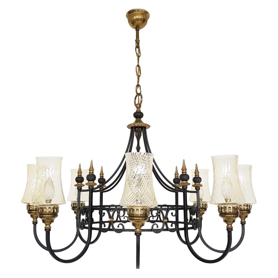 Chandelier with Blown Glass Chalices in Black Iron and Brass, 1930s