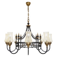 Vintage Chandelier with Blown Glass Chalices in Black Iron and Brass, 1930s