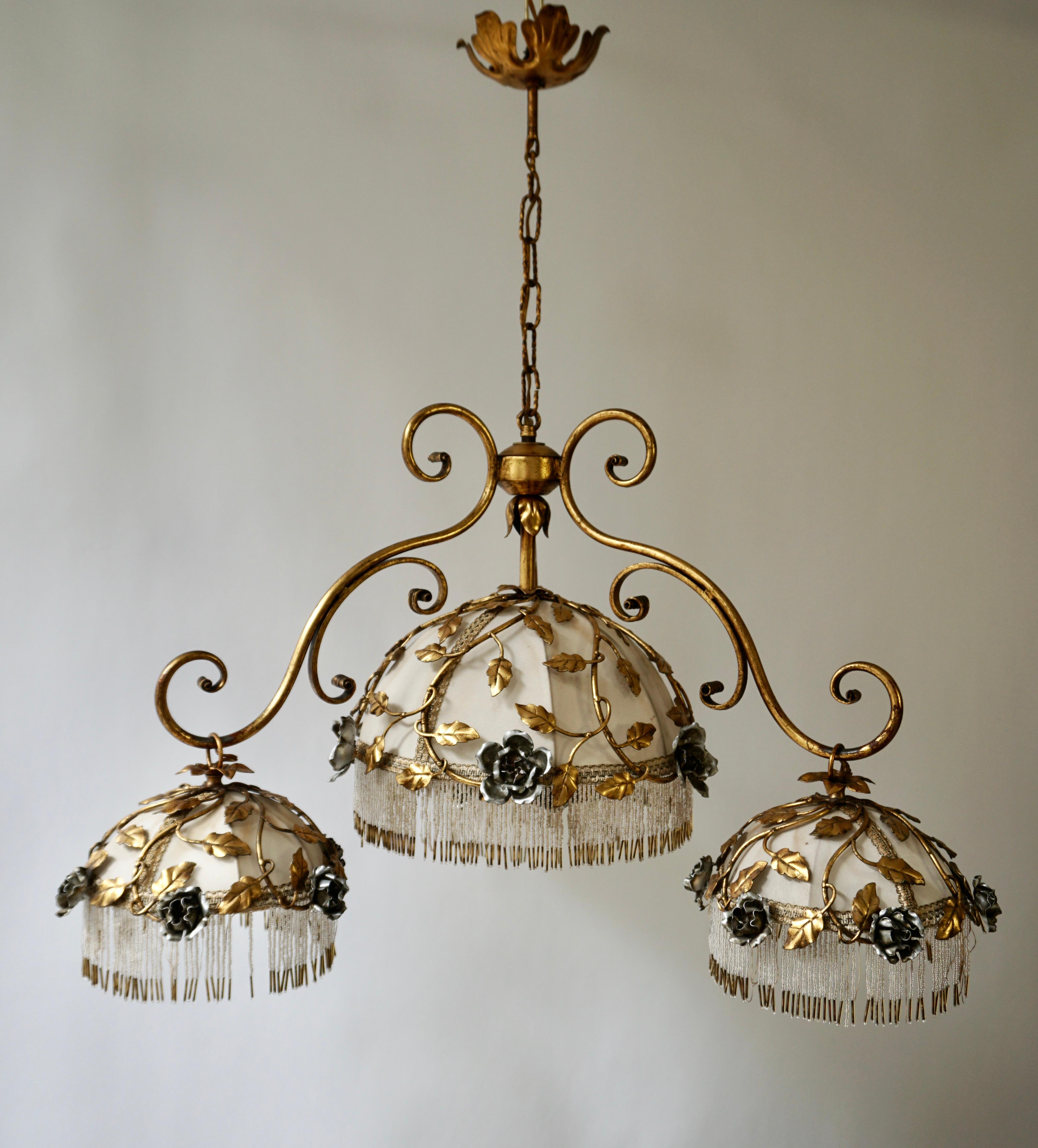 Chandelier with Brass Leaves and Silver Colored Roses For Sale 2